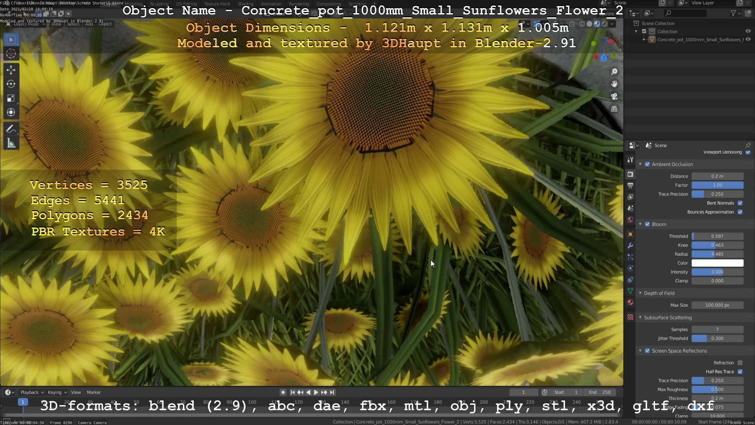 Concrete Pipe Pot 1000mm with Small Sunflowers Version 2 Low-poly 3D model_19