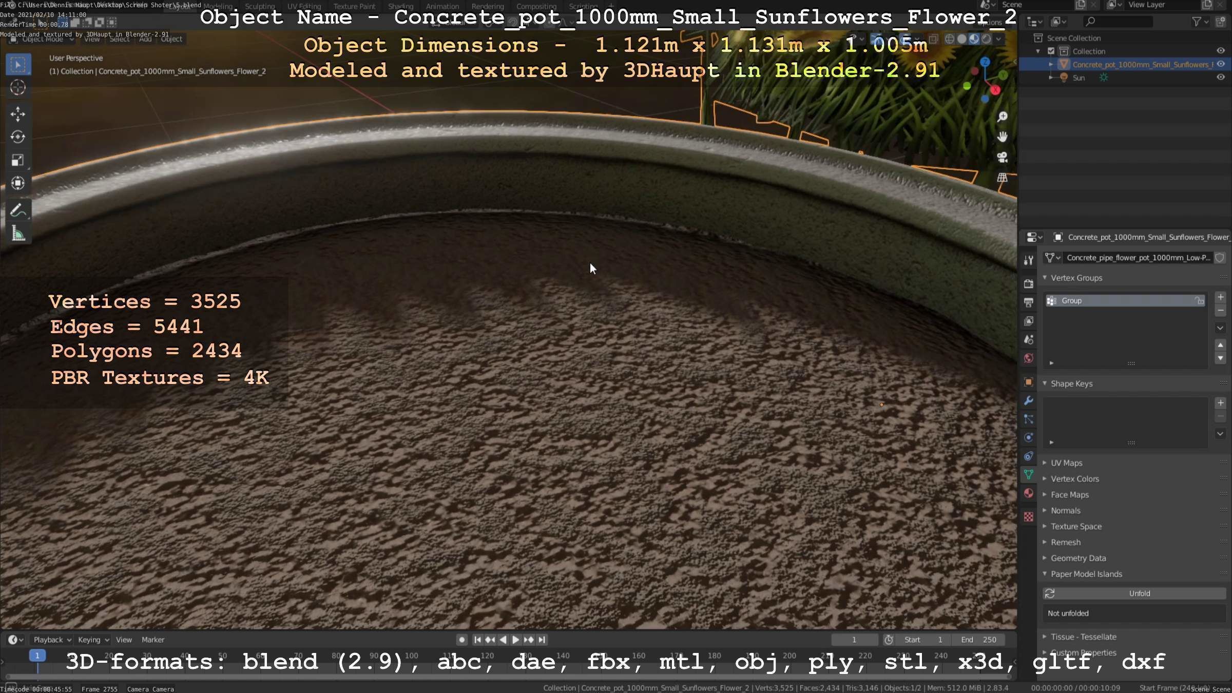 Concrete Pipe Pot 1000mm with Small Sunflowers Version 2 Low-poly 3D model_97