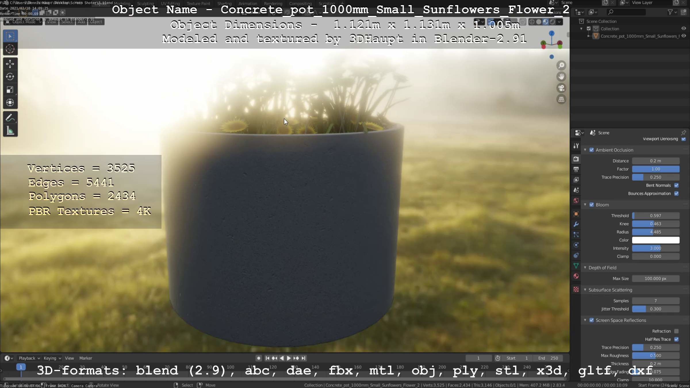 Concrete Pipe Pot 1000mm with Small Sunflowers Version 2 Low-poly 3D model_32