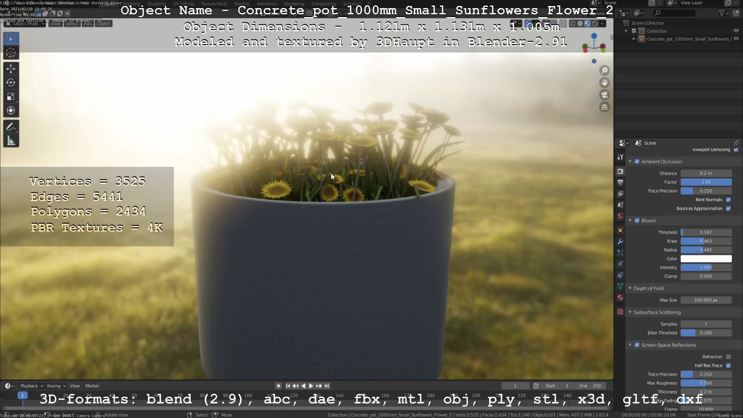 Concrete Pipe Pot 1000mm with Small Sunflowers Version 2 Low-poly 3D model_2