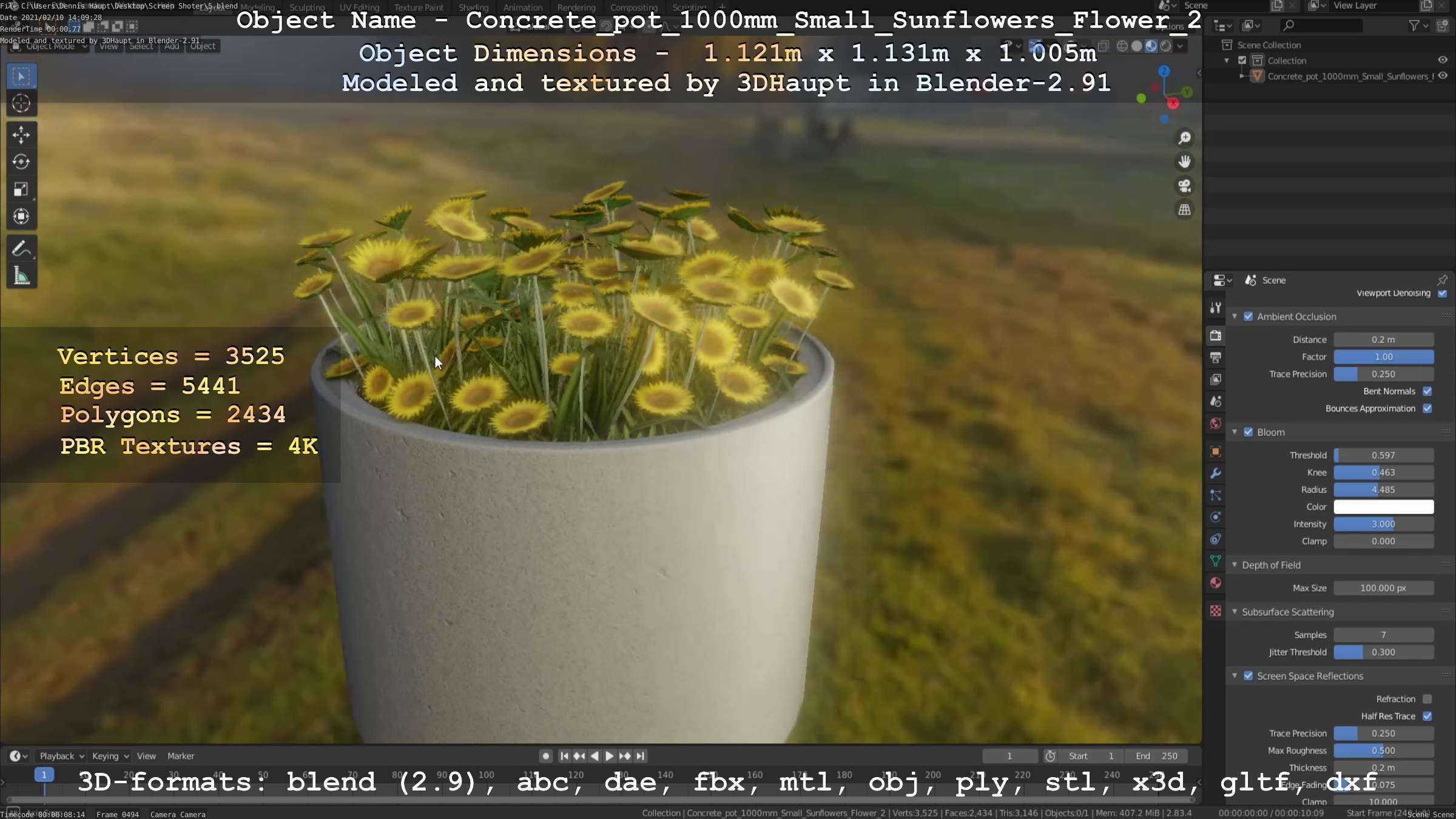 Concrete Pipe Pot 1000mm with Small Sunflowers Version 2 Low-poly 3D model_35