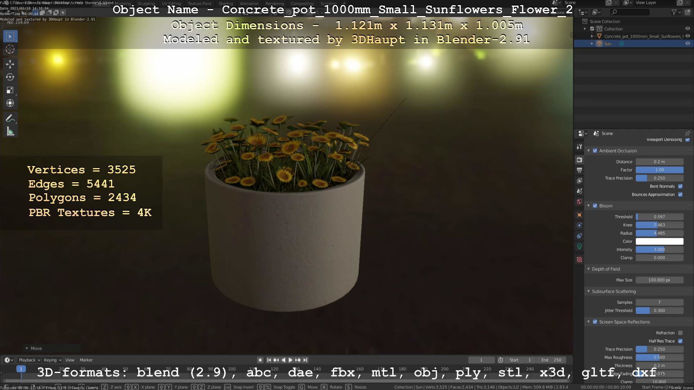 Concrete Pipe Pot 1000mm with Small Sunflowers Version 2 Low-poly 3D model_57