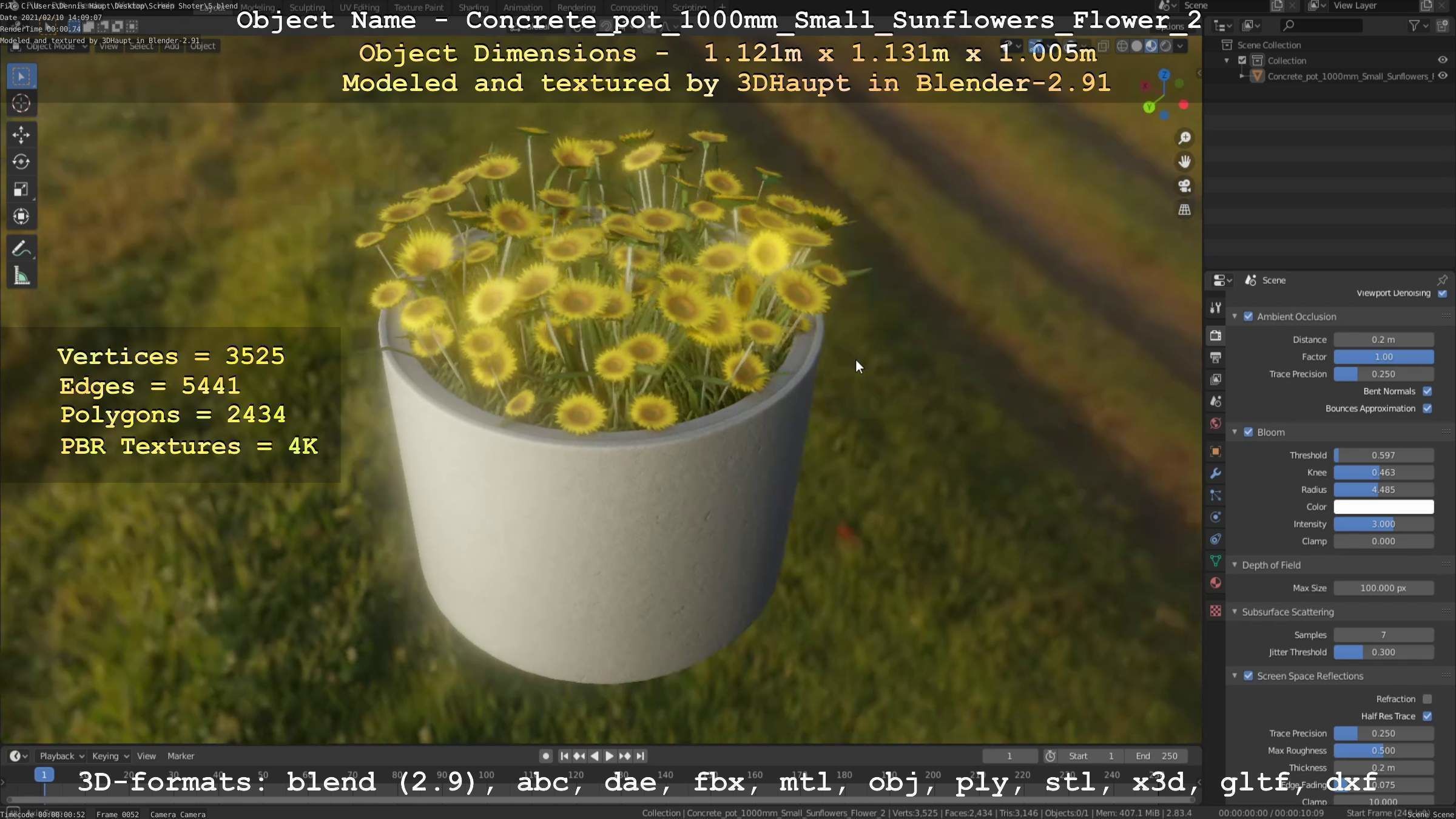 Concrete Pipe Pot 1000mm with Small Sunflowers Version 2 Low-poly 3D model_113