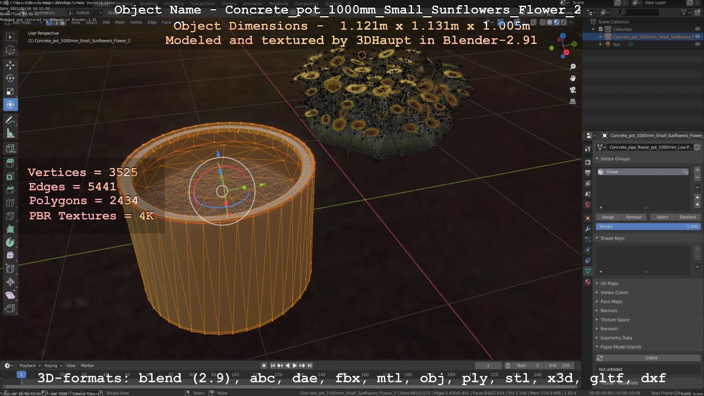 Concrete Pipe Pot 1000mm with Small Sunflowers Version 2 Low-poly 3D model_105