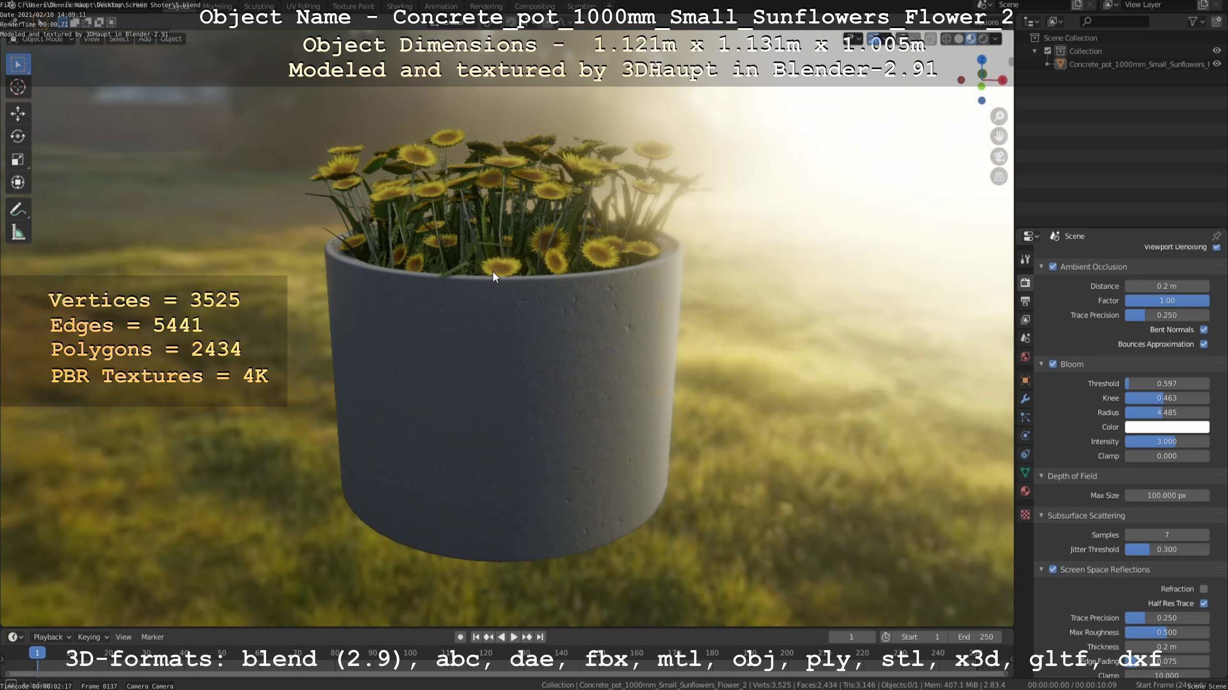 Concrete Pipe Pot 1000mm with Small Sunflowers Version 2 Low-poly 3D model_17