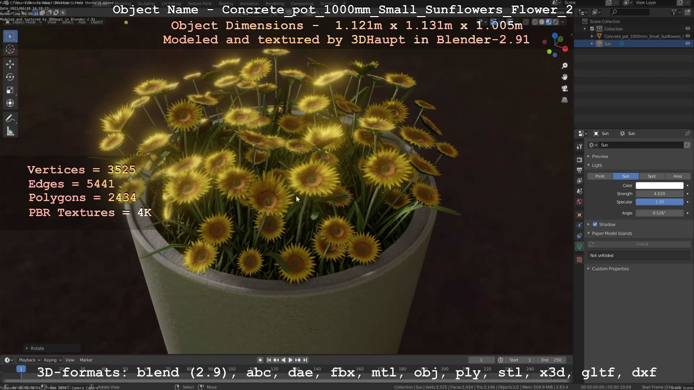 Concrete Pipe Pot 1000mm with Small Sunflowers Version 2 Low-poly 3D model_73
