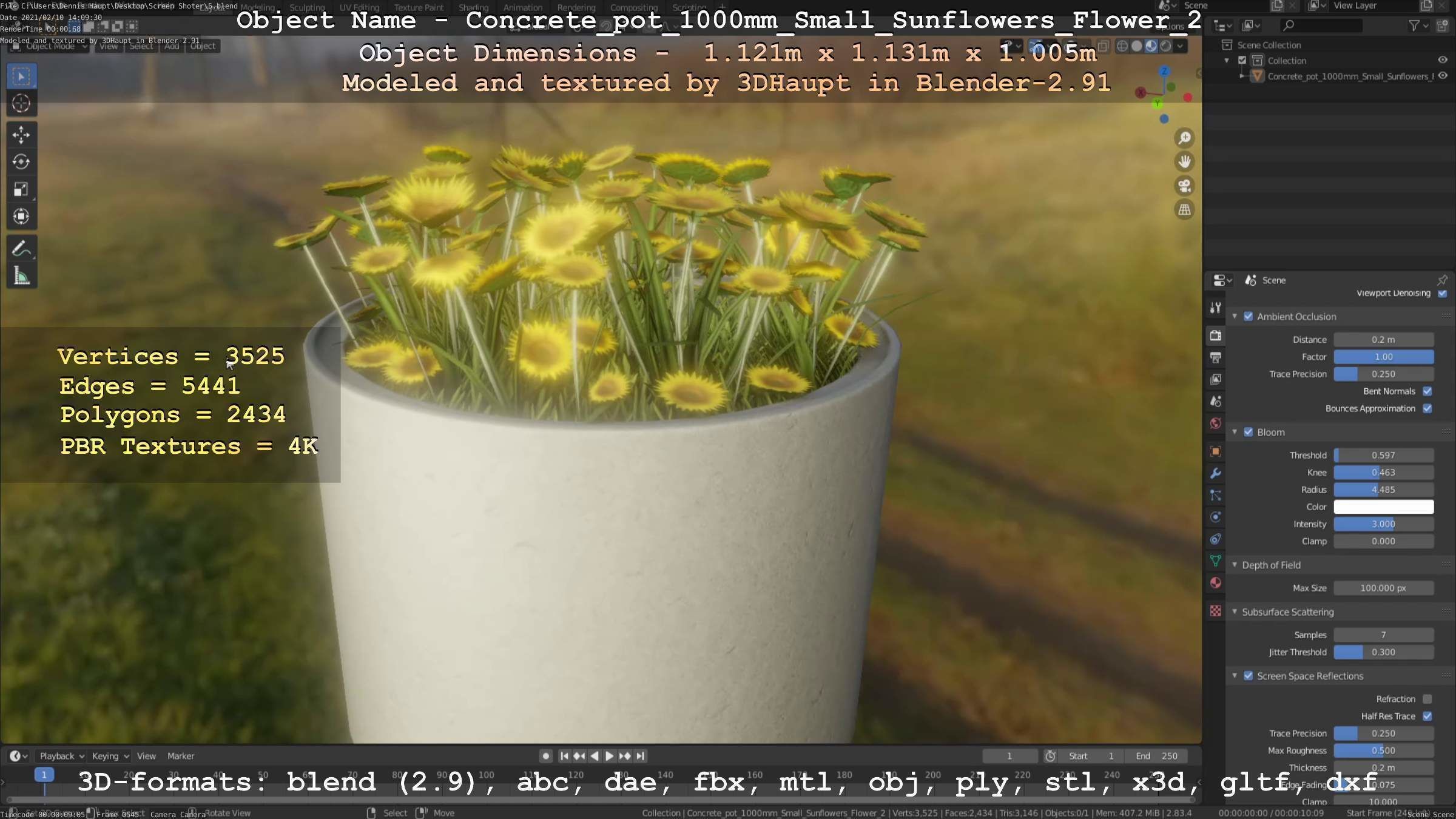 Concrete Pipe Pot 1000mm with Small Sunflowers Version 2 Low-poly 3D model_38