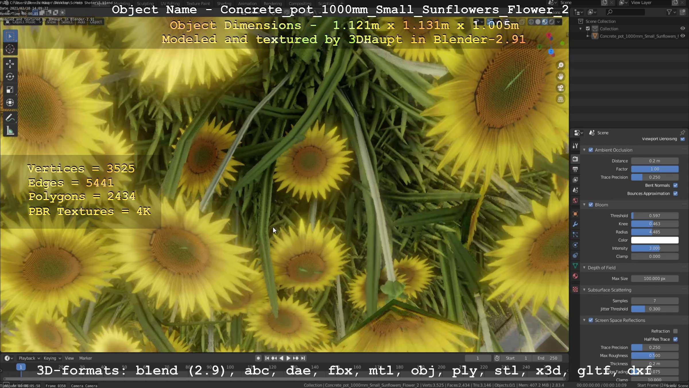 Concrete Pipe Pot 1000mm with Small Sunflowers Version 2 Low-poly 3D model_29