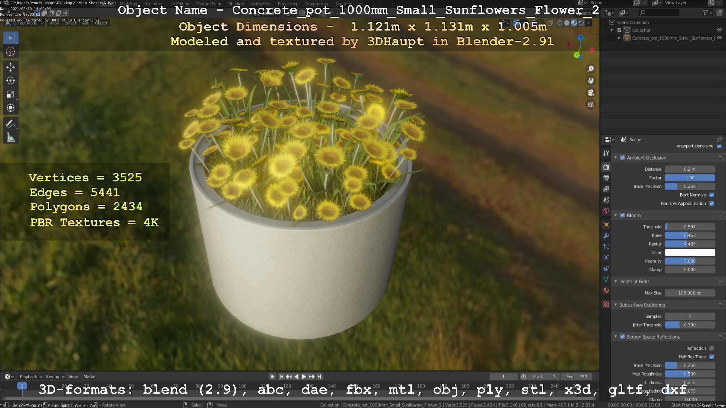 Concrete Pipe Pot 1000mm with Small Sunflowers Version 2 Low-poly 3D model_14