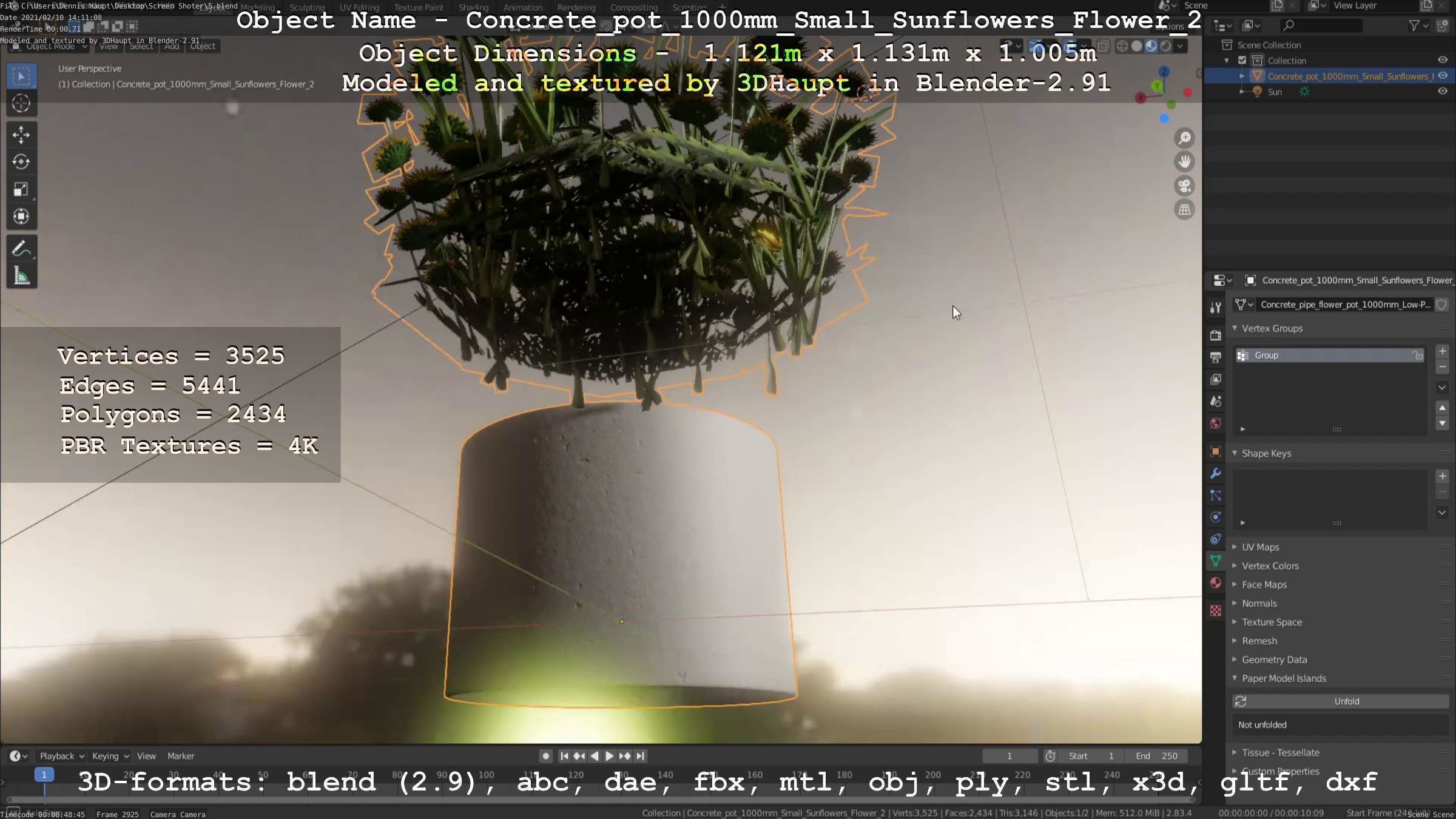 Concrete Pipe Pot 1000mm with Small Sunflowers Version 2 Low-poly 3D model_8