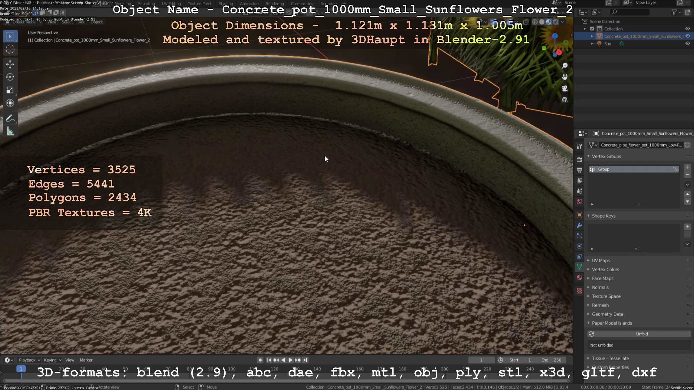 Concrete Pipe Pot 1000mm with Small Sunflowers Version 2 Low-poly 3D model_5