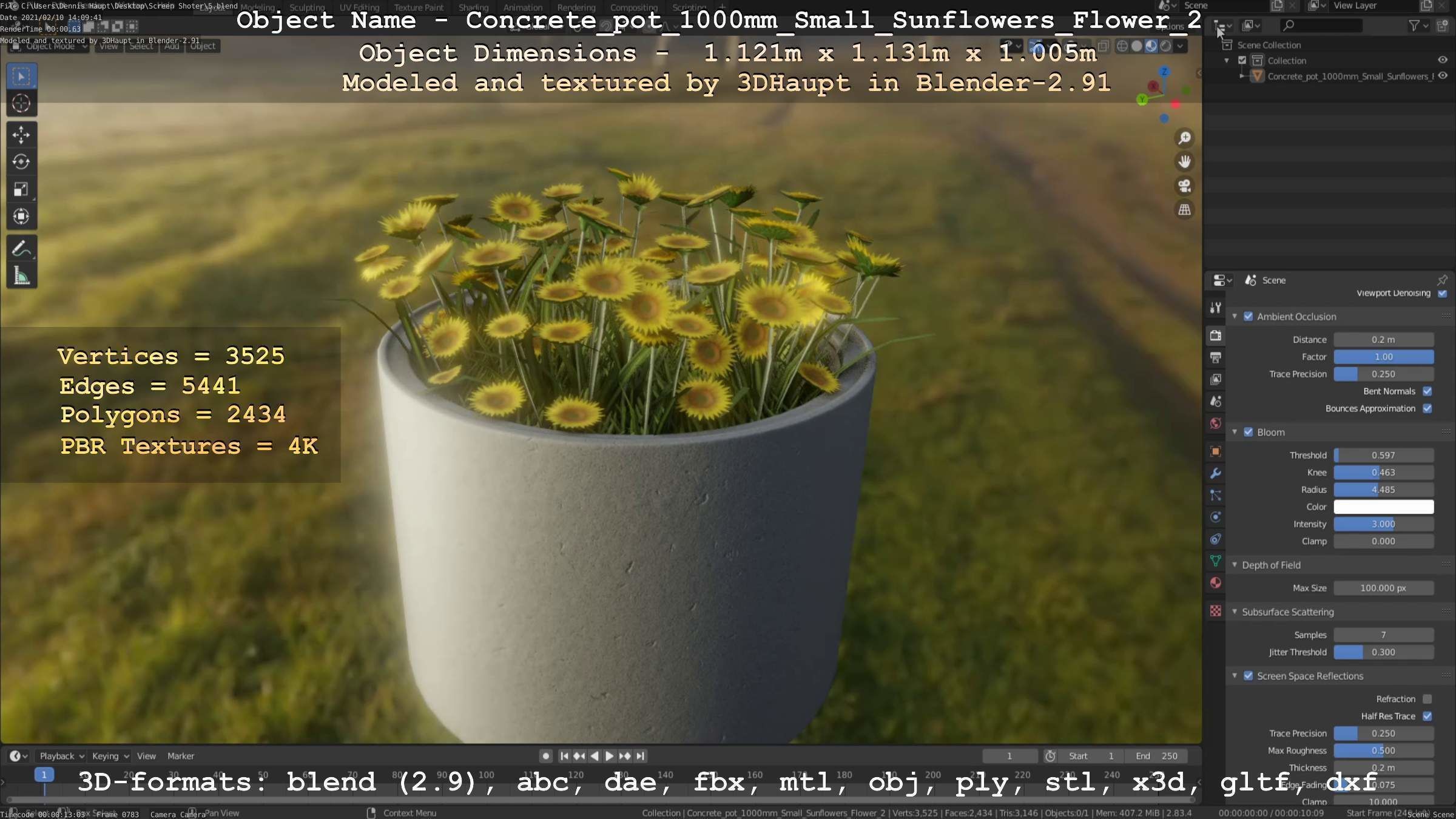 Concrete Pipe Pot 1000mm with Small Sunflowers Version 2 Low-poly 3D model_23