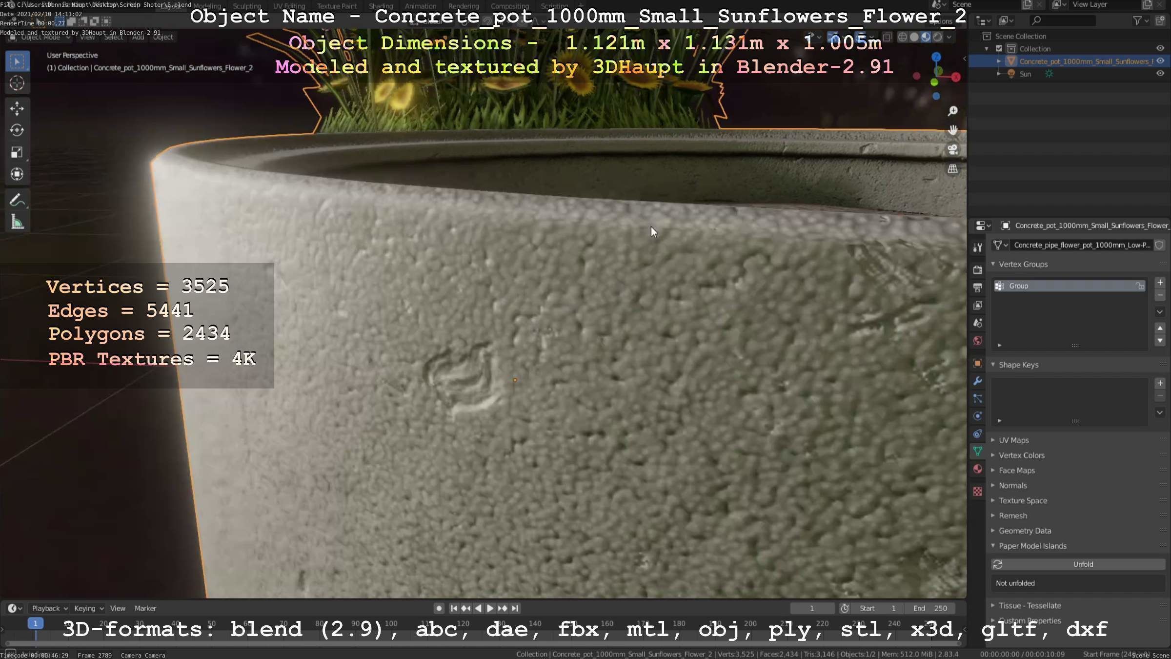 Concrete Pipe Pot 1000mm with Small Sunflowers Version 2 Low-poly 3D model_6