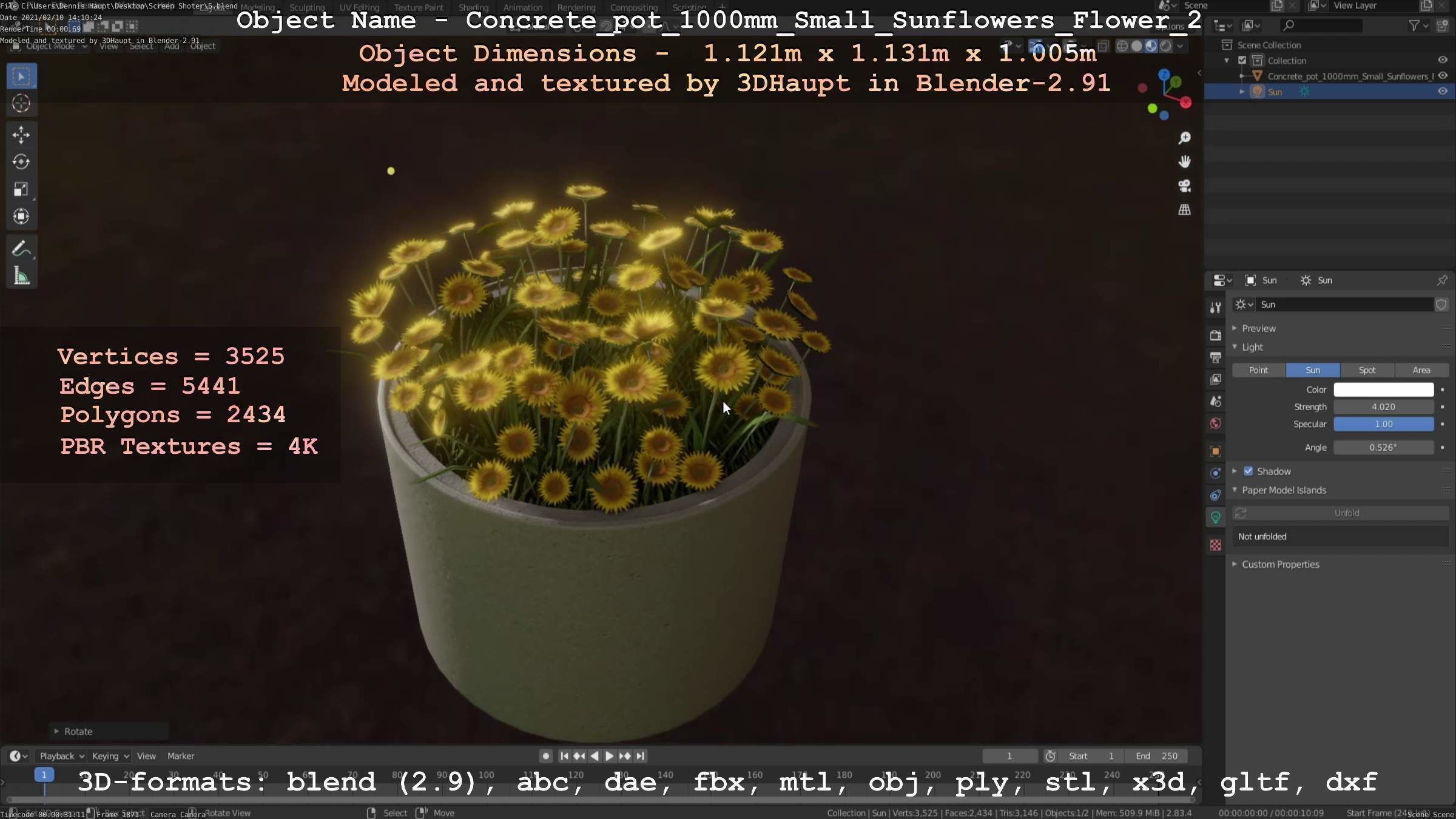 Concrete Pipe Pot 1000mm with Small Sunflowers Version 2 Low-poly 3D model_74