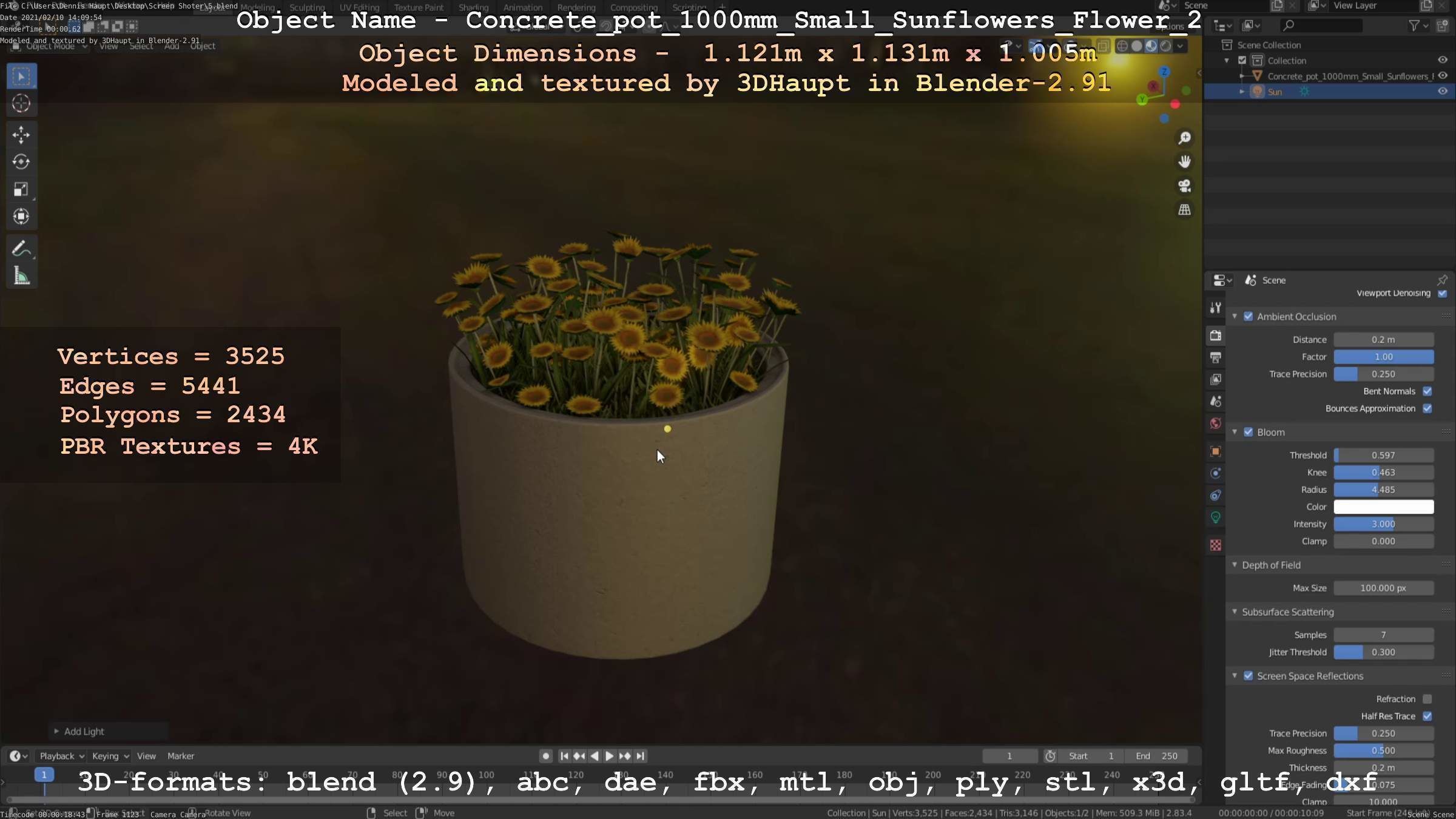 Concrete Pipe Pot 1000mm with Small Sunflowers Version 2 Low-poly 3D model_55