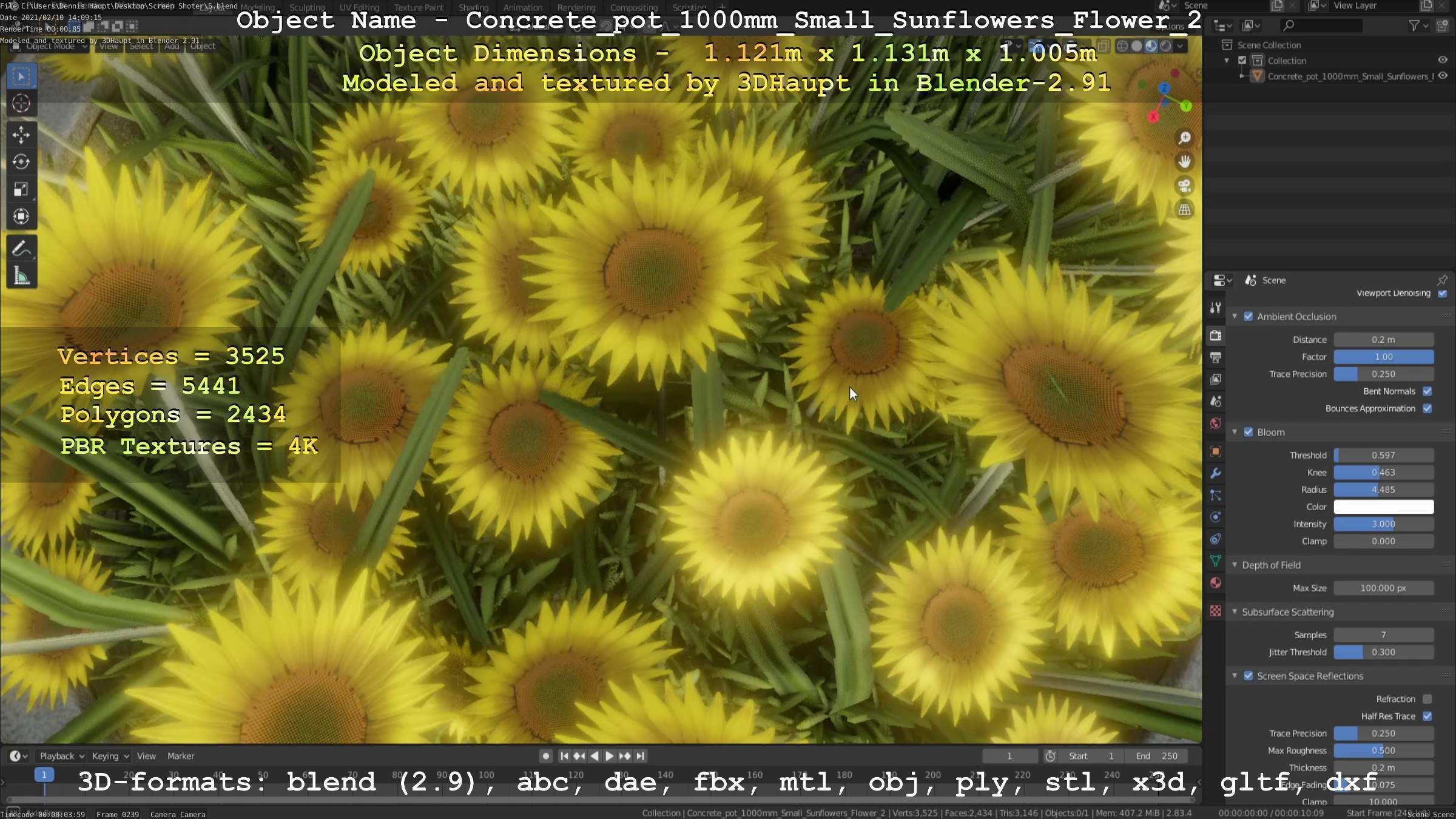 Concrete Pipe Pot 1000mm with Small Sunflowers Version 2 Low-poly 3D model_71