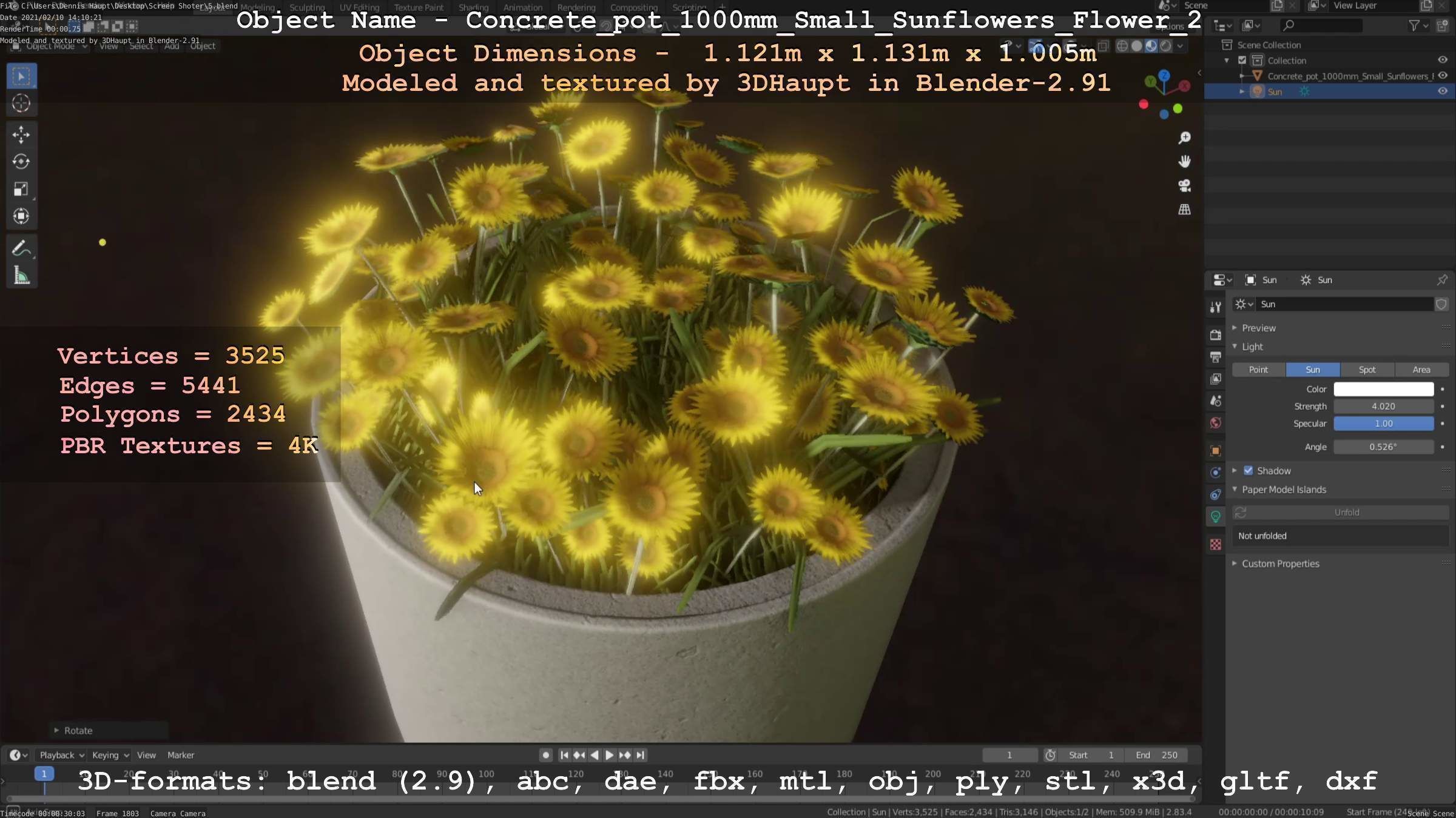 Concrete Pipe Pot 1000mm with Small Sunflowers Version 2 Low-poly 3D model_69