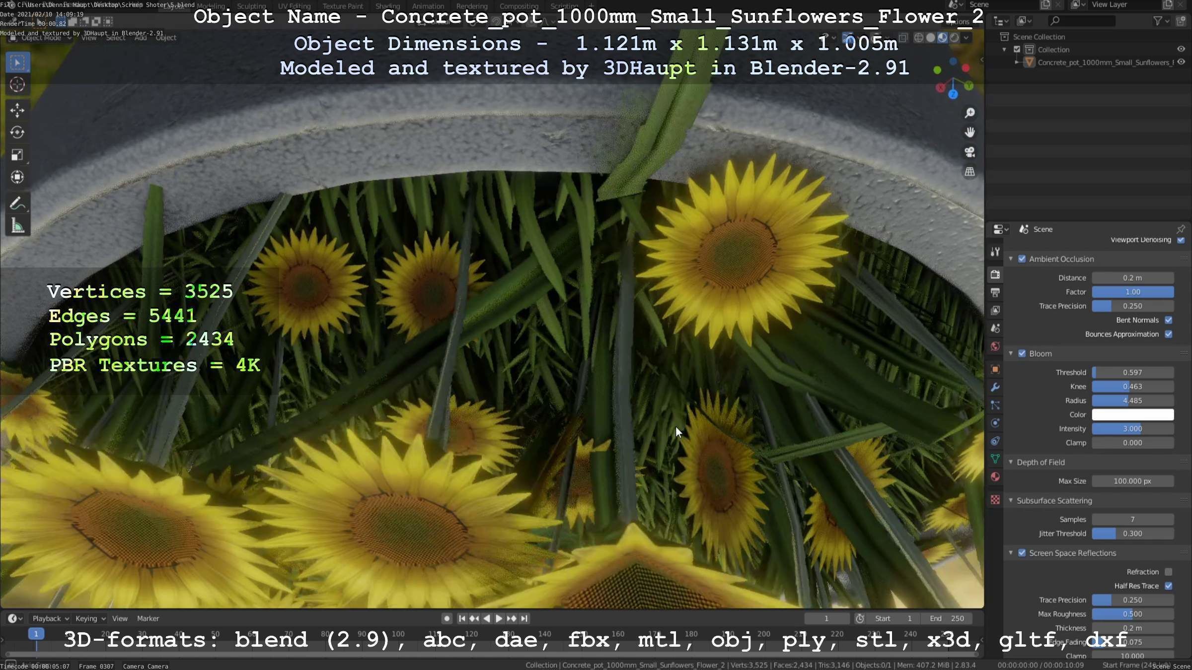 Concrete Pipe Pot 1000mm with Small Sunflowers Version 2 Low-poly 3D model_104
