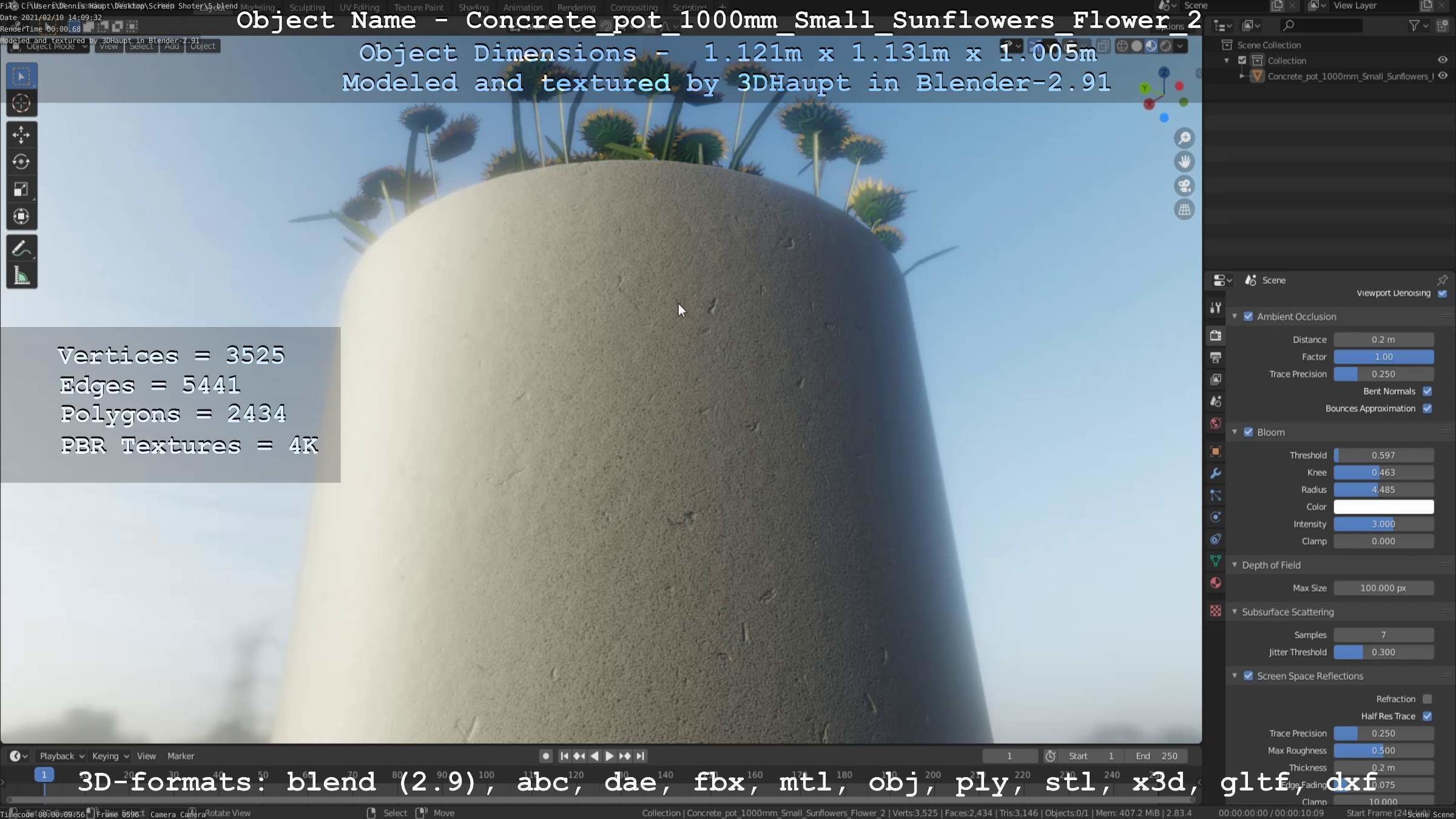 Concrete Pipe Pot 1000mm with Small Sunflowers Version 2 Low-poly 3D model_40