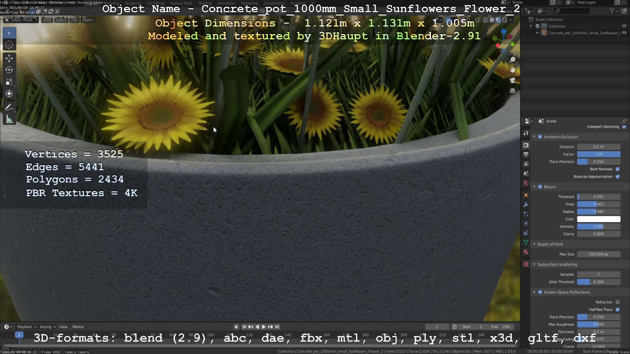 Concrete Pipe Pot 1000mm with Small Sunflowers Version 2 Low-poly 3D model_30