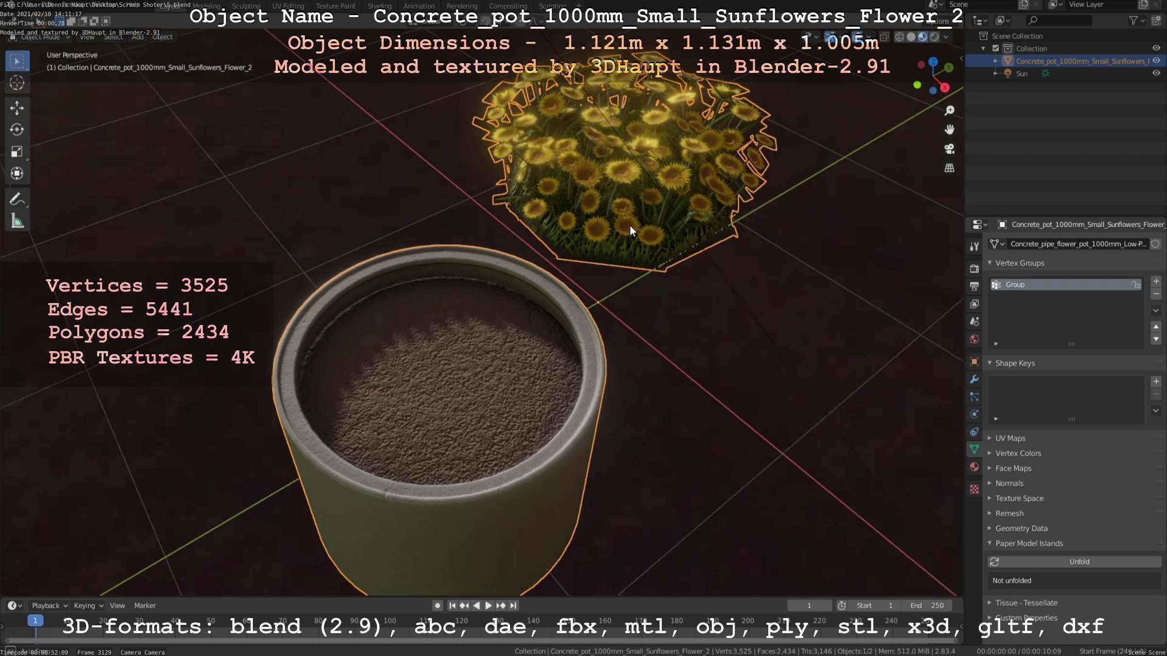 Concrete Pipe Pot 1000mm with Small Sunflowers Version 2 Low-poly 3D model_101