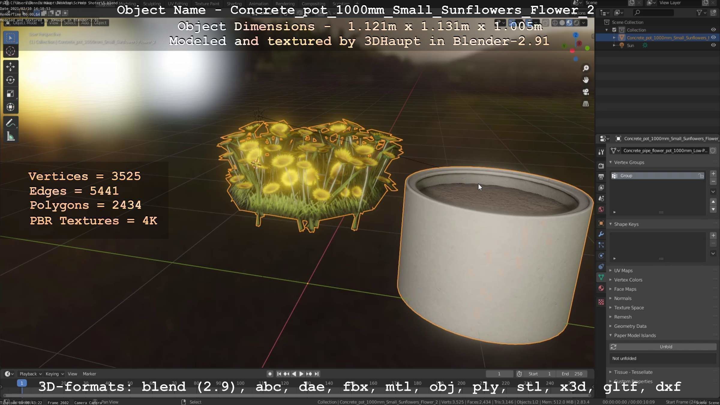 Concrete Pipe Pot 1000mm with Small Sunflowers Version 2 Low-poly 3D model_89