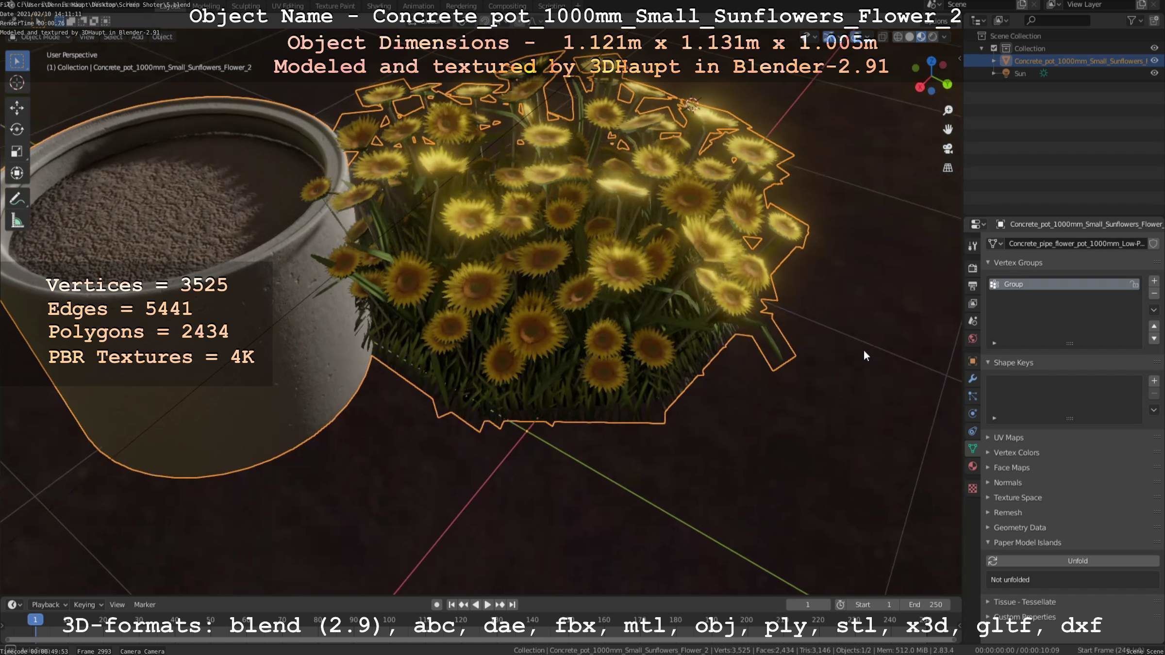 Concrete Pipe Pot 1000mm with Small Sunflowers Version 2 Low-poly 3D model_9