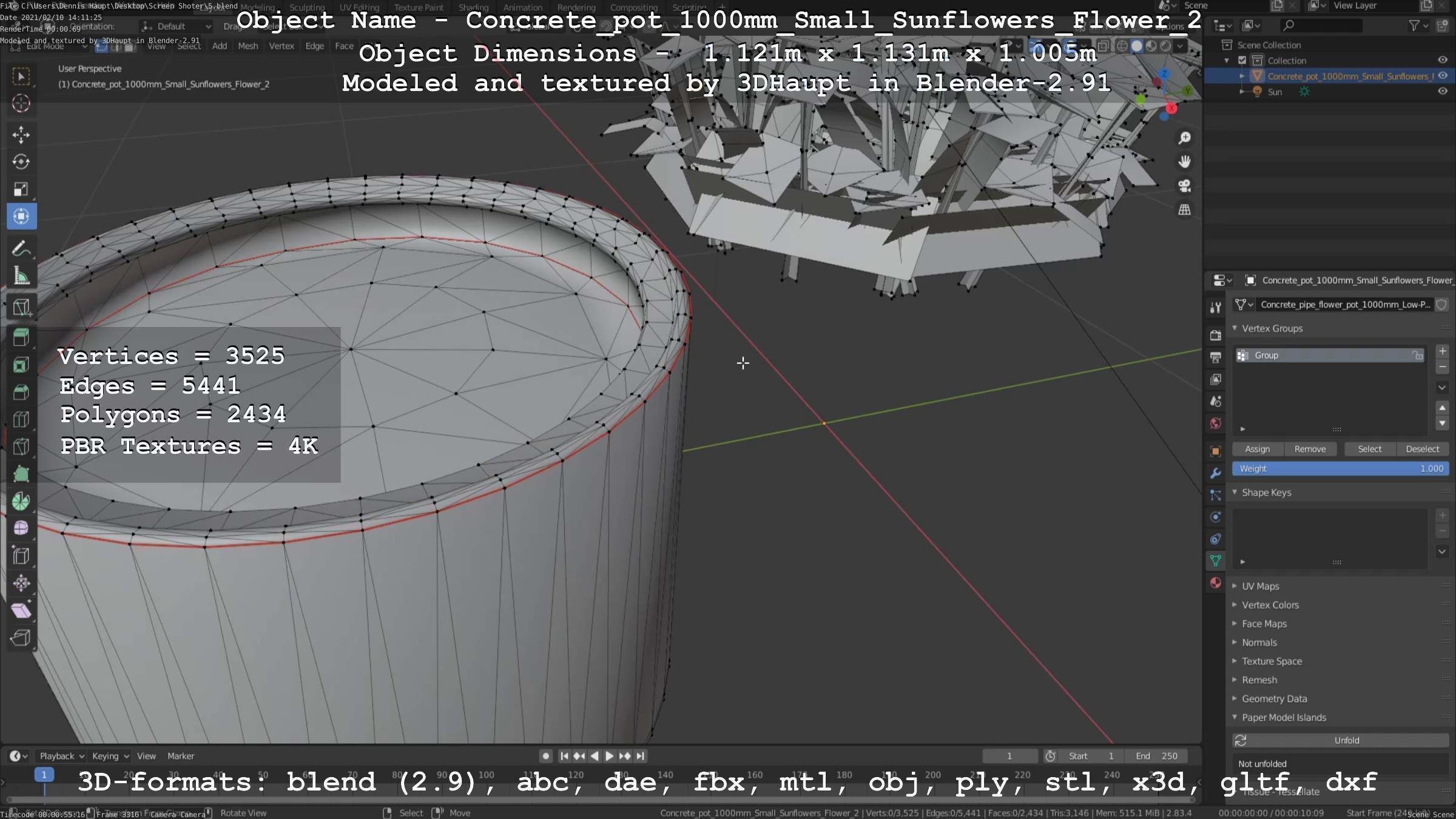 Concrete Pipe Pot 1000mm with Small Sunflowers Version 2 Low-poly 3D model_12