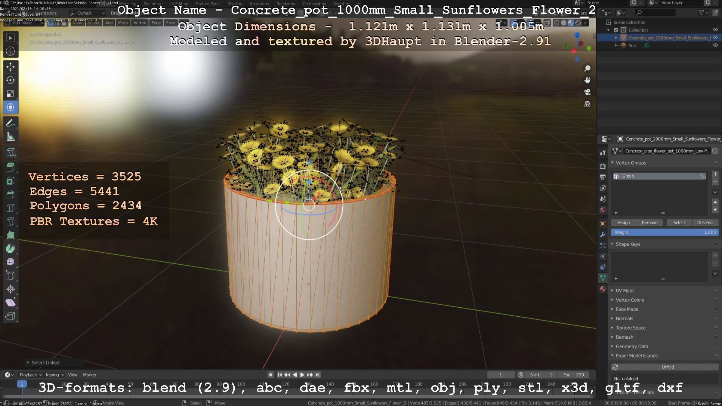 Concrete Pipe Pot 1000mm with Small Sunflowers Version 2 Low-poly 3D model_28
