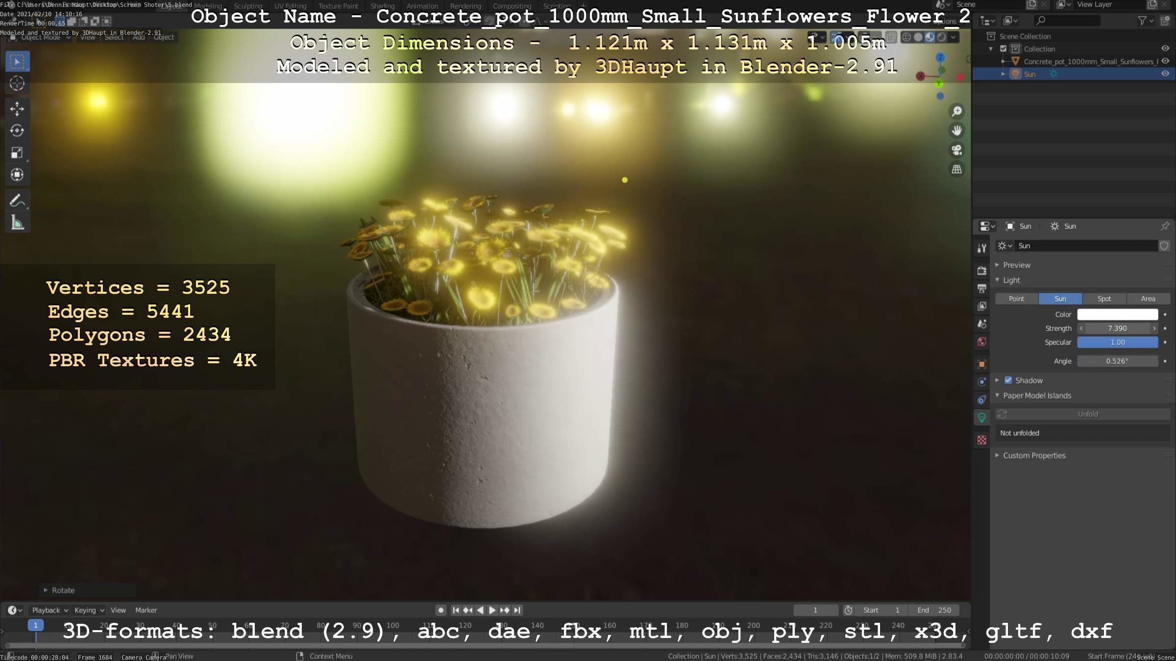 Concrete Pipe Pot 1000mm with Small Sunflowers Version 2 Low-poly 3D model_26