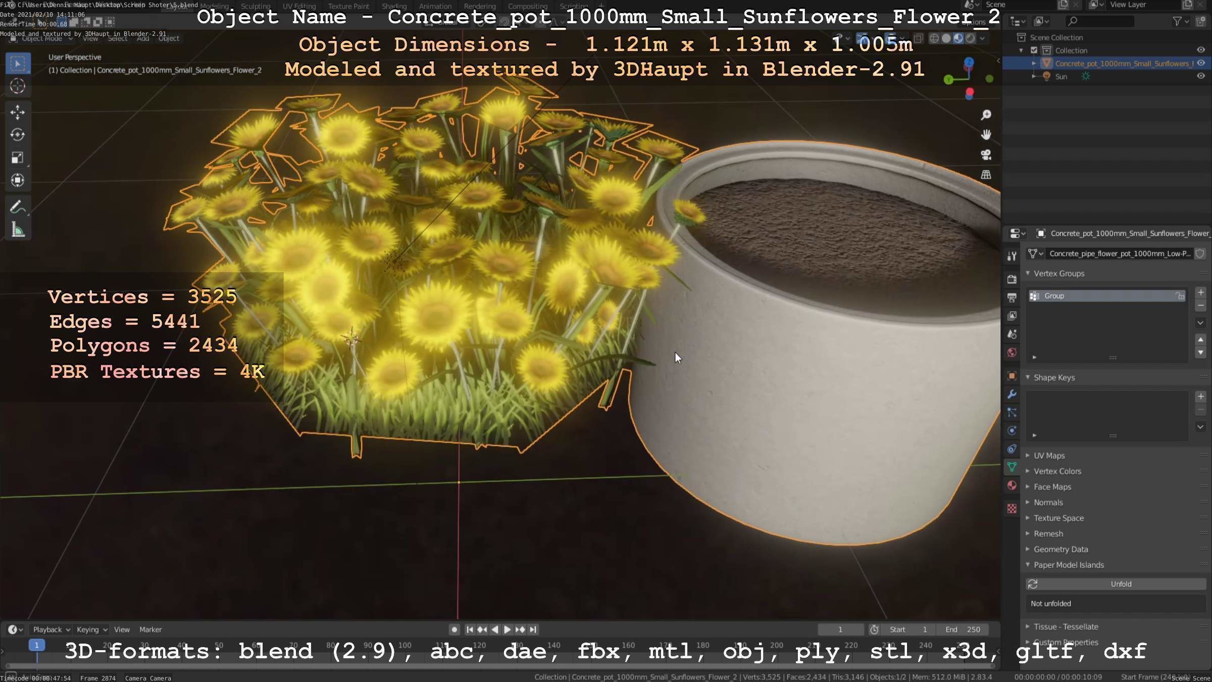 Concrete Pipe Pot 1000mm with Small Sunflowers Version 2 Low-poly 3D model_7
