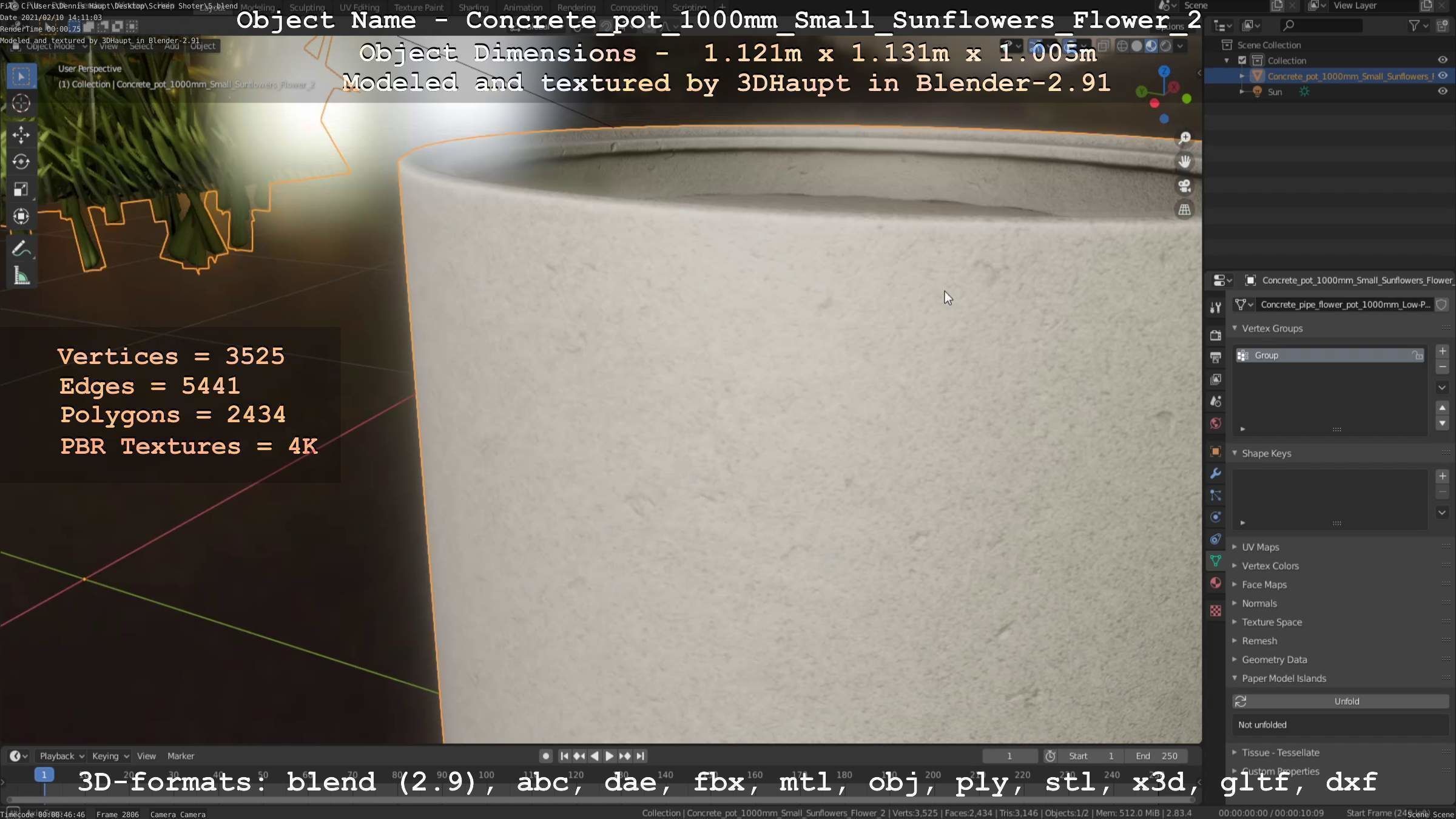 Concrete Pipe Pot 1000mm with Small Sunflowers Version 2 Low-poly 3D model_99