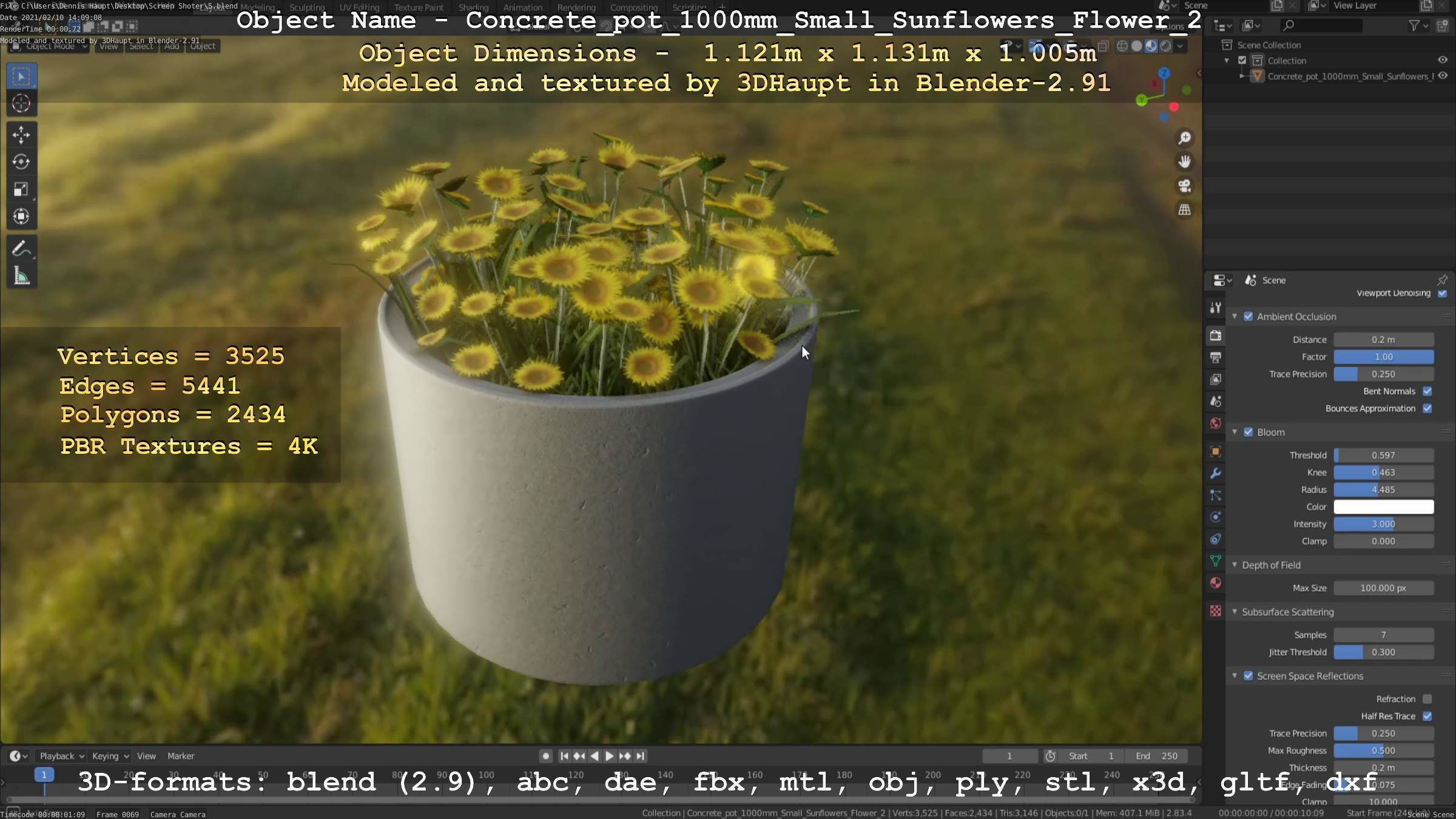 Concrete Pipe Pot 1000mm with Small Sunflowers Version 2 Low-poly 3D model_114