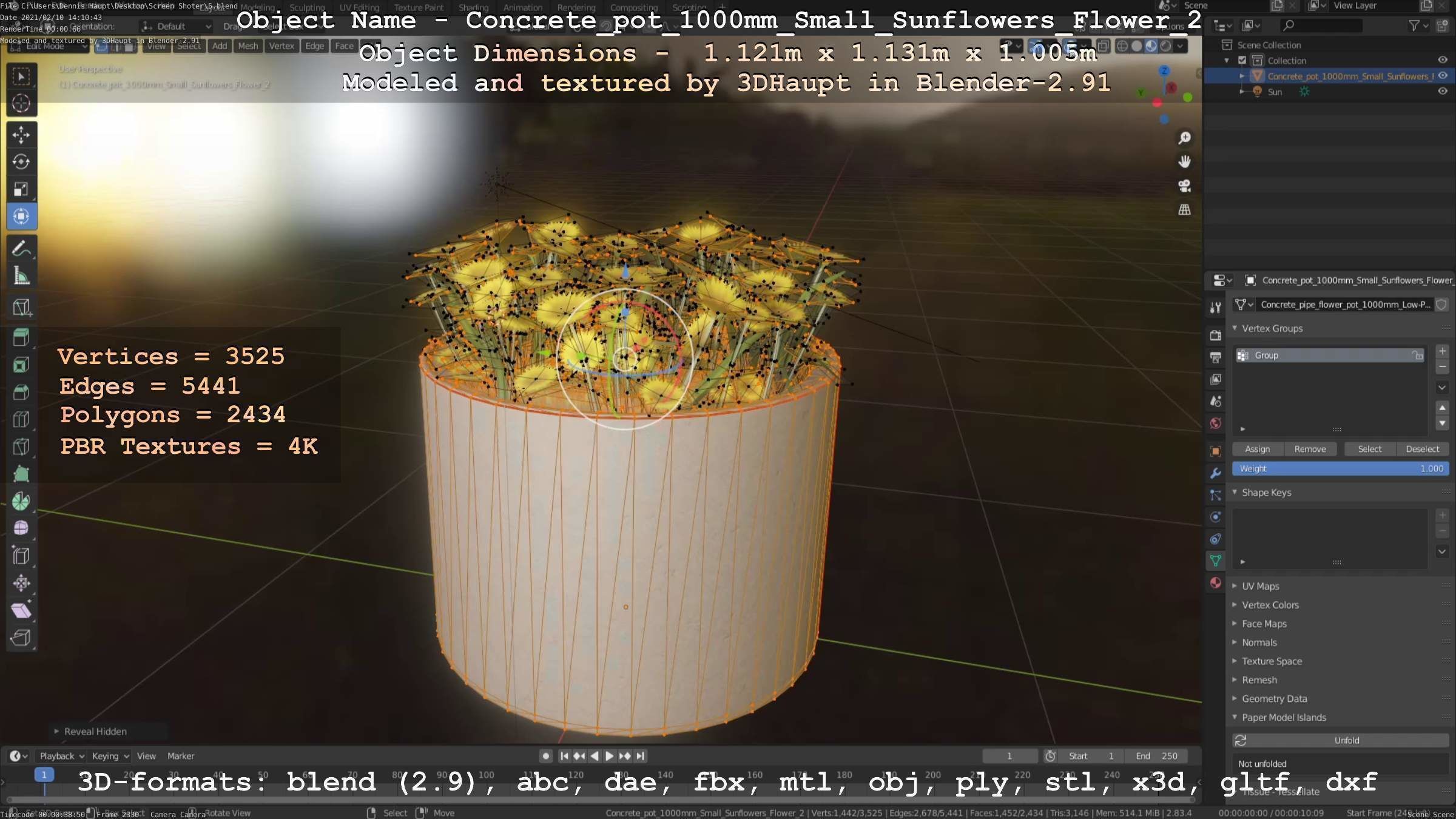 Concrete Pipe Pot 1000mm with Small Sunflowers Version 2 Low-poly 3D model_88