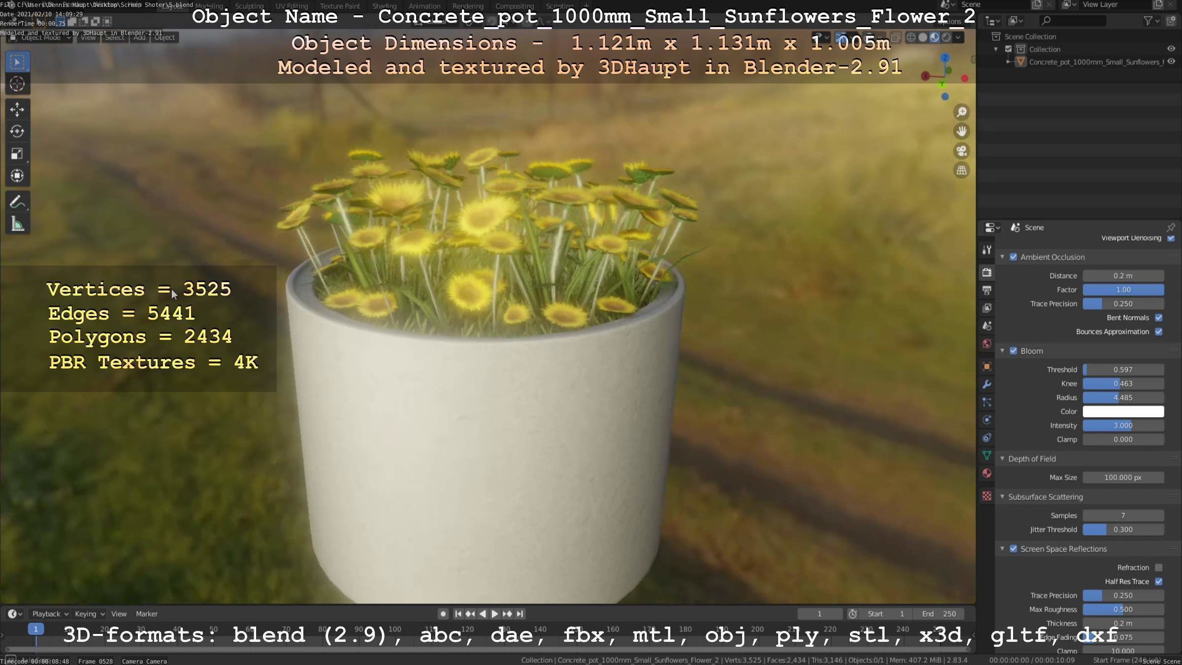 Concrete Pipe Pot 1000mm with Small Sunflowers Version 2 Low-poly 3D model_37