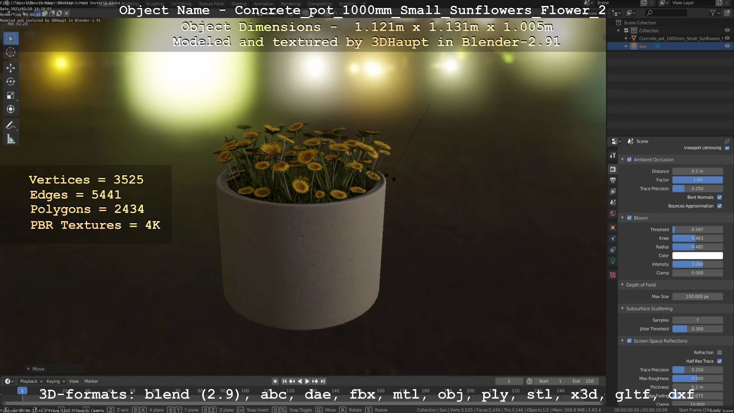 Concrete Pipe Pot 1000mm with Small Sunflowers Version 2 Low-poly 3D model_56