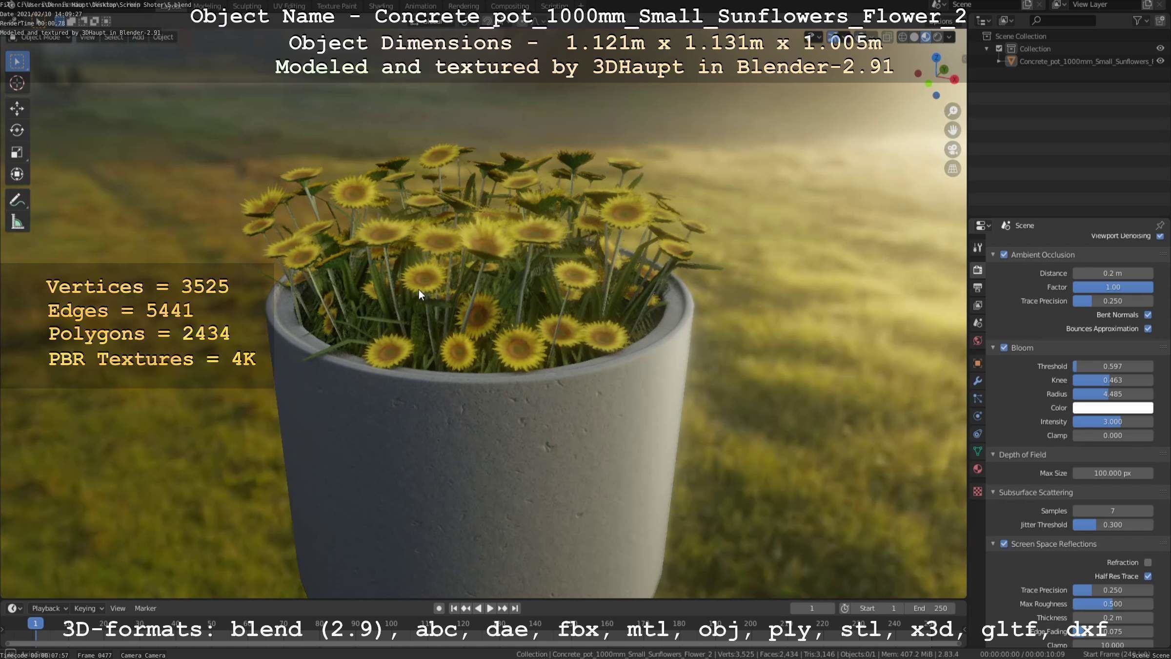 Concrete Pipe Pot 1000mm with Small Sunflowers Version 2 Low-poly 3D model_34