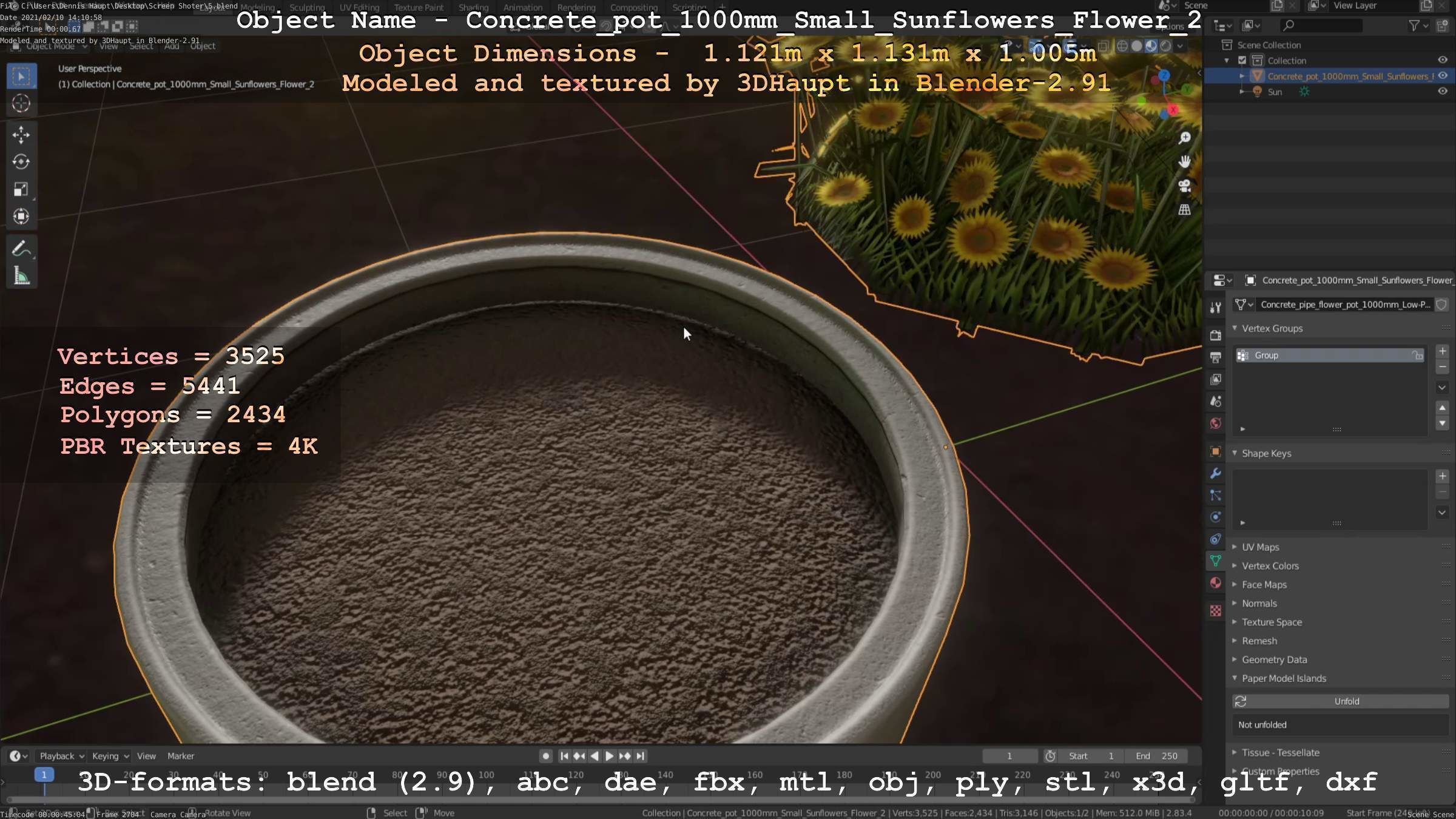 Concrete Pipe Pot 1000mm with Small Sunflowers Version 2 Low-poly 3D model_95
