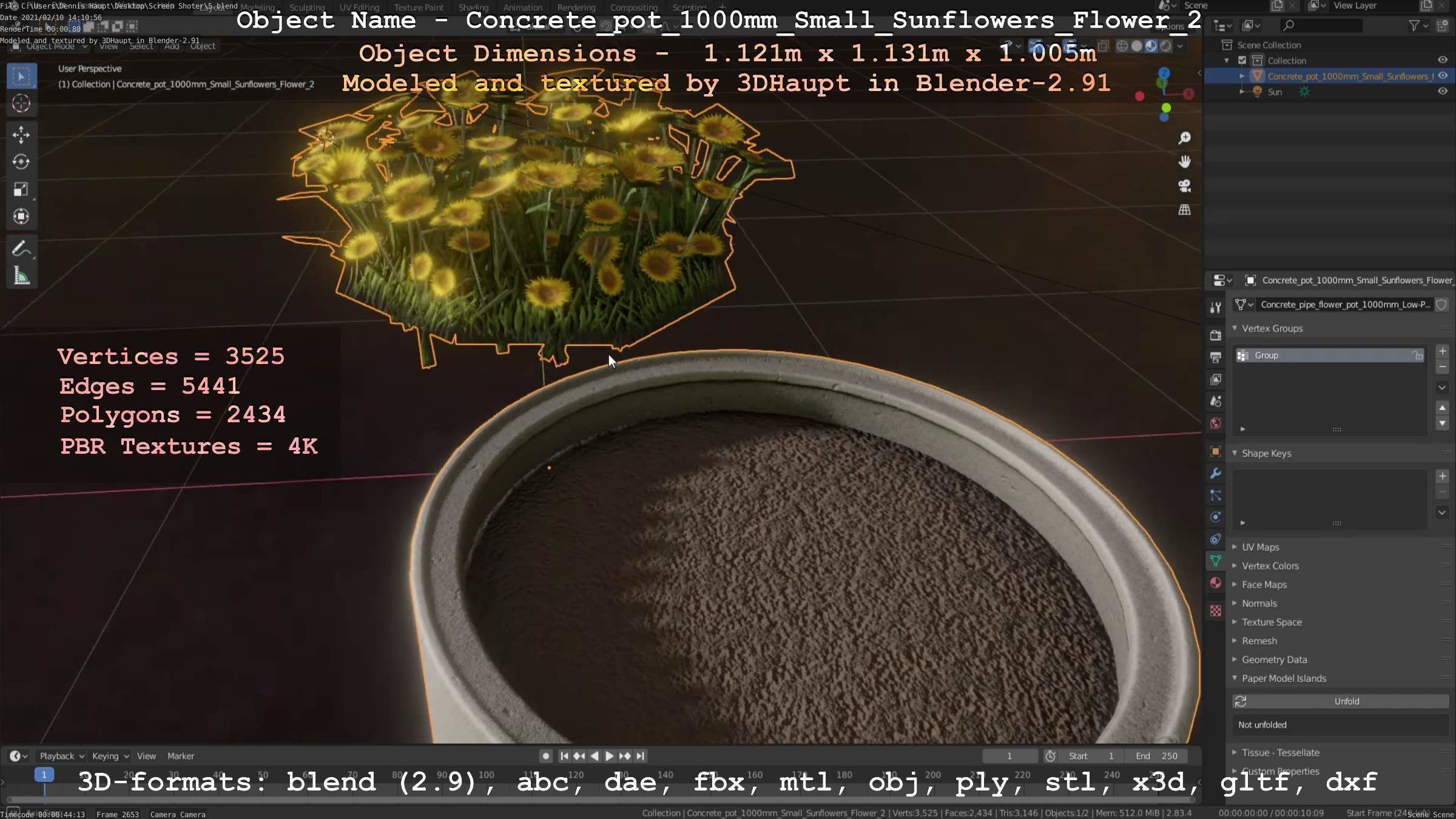 Concrete Pipe Pot 1000mm with Small Sunflowers Version 2 Low-poly 3D model_92