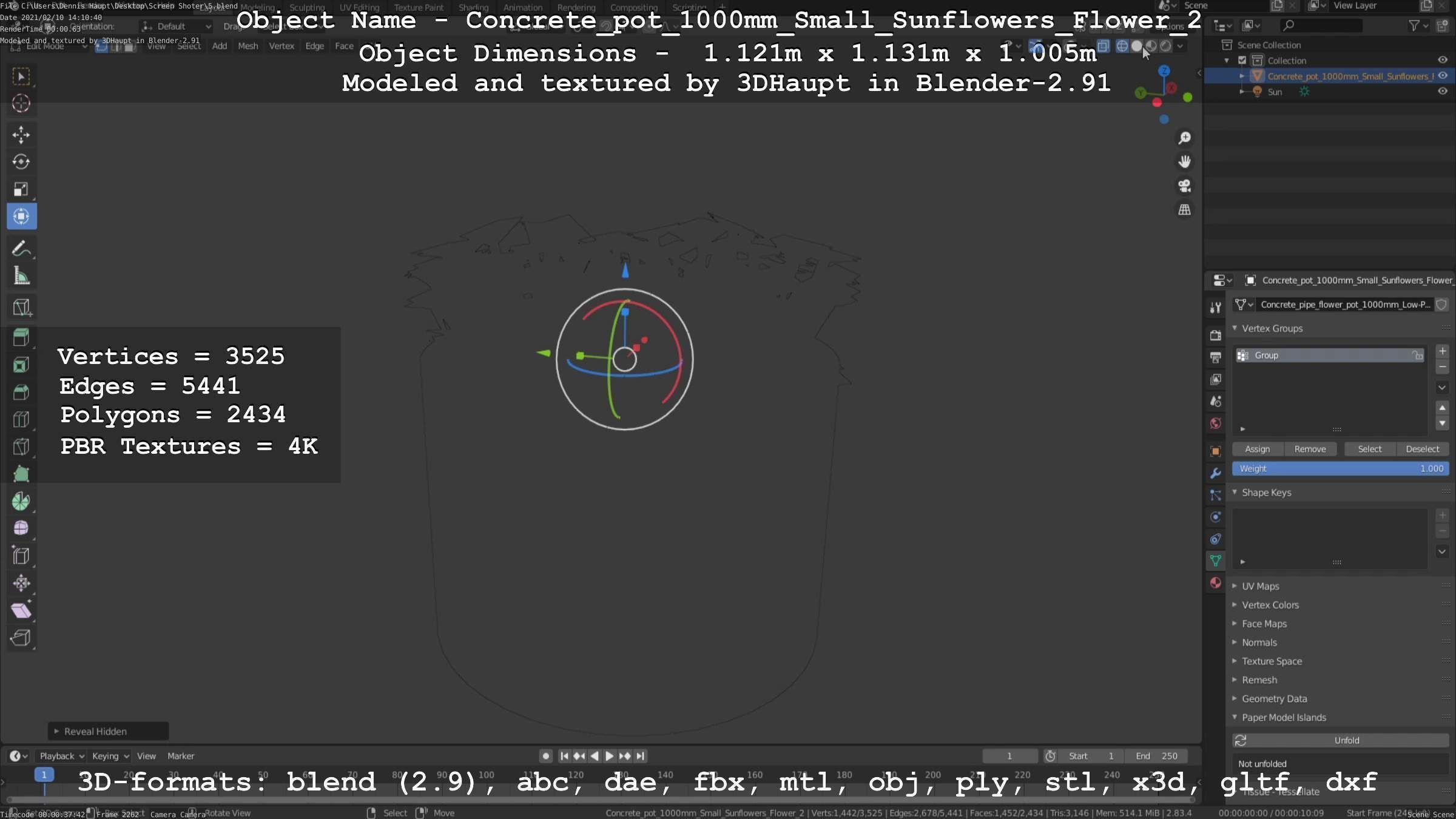Concrete Pipe Pot 1000mm with Small Sunflowers Version 2 Low-poly 3D model_84