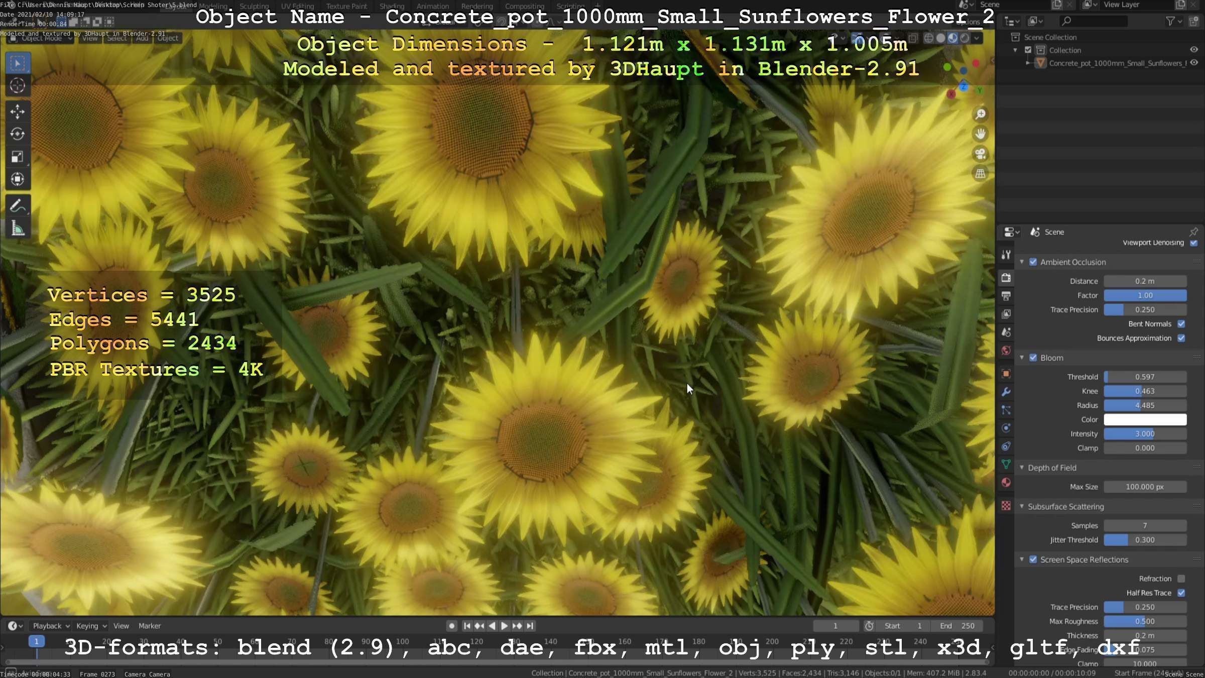 Concrete Pipe Pot 1000mm with Small Sunflowers Version 2 Low-poly 3D model_93