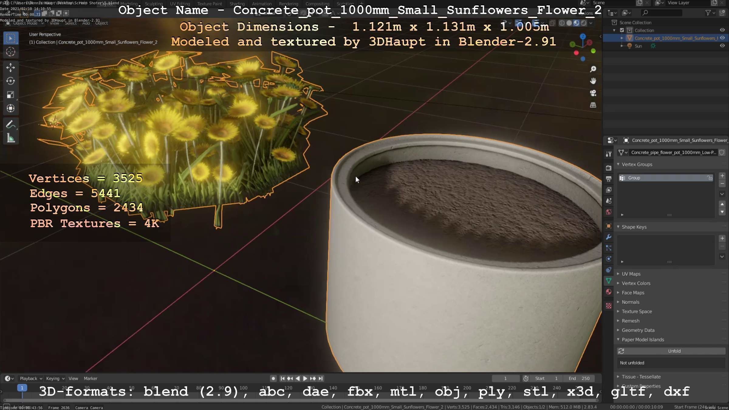 Concrete Pipe Pot 1000mm with Small Sunflowers Version 2 Low-poly 3D model_91