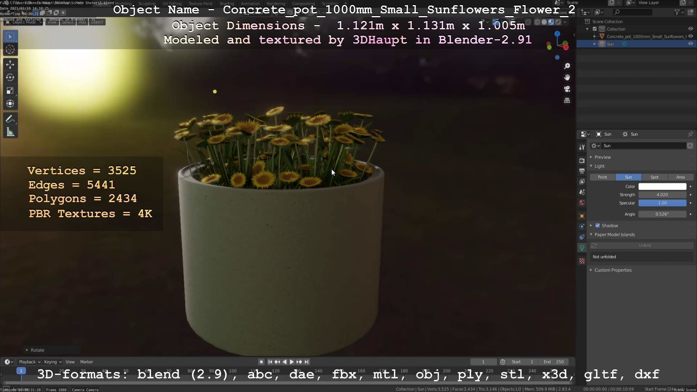 Concrete Pipe Pot 1000mm with Small Sunflowers Version 2 Low-poly 3D model_75