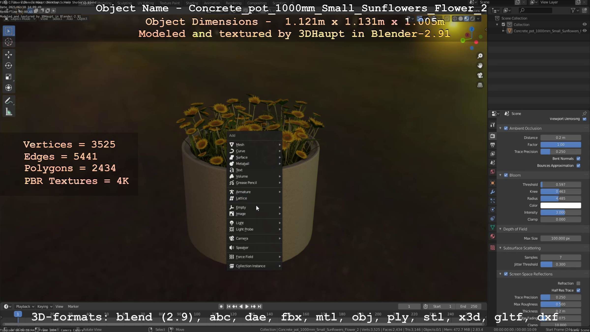 Concrete Pipe Pot 1000mm with Small Sunflowers Version 2 Low-poly 3D model_48