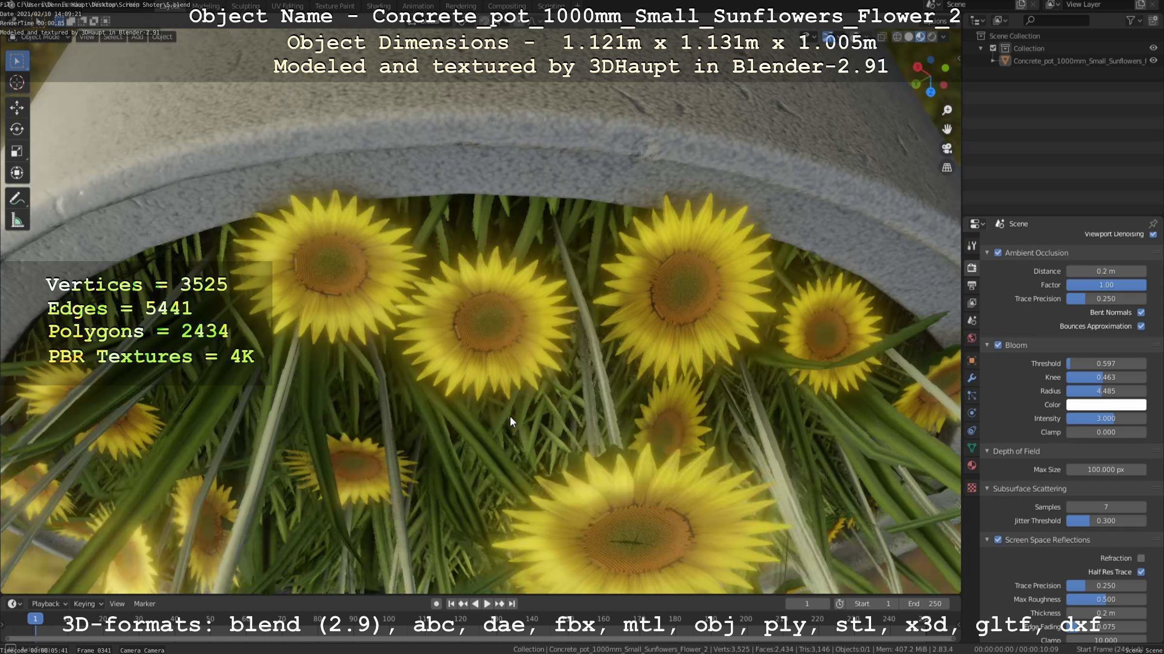 Concrete Pipe Pot 1000mm with Small Sunflowers Version 2 Low-poly 3D model_20