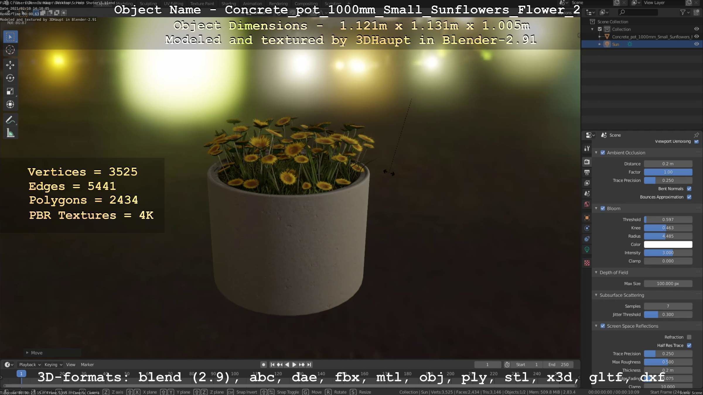 Concrete Pipe Pot 1000mm with Small Sunflowers Version 2 Low-poly 3D model_58