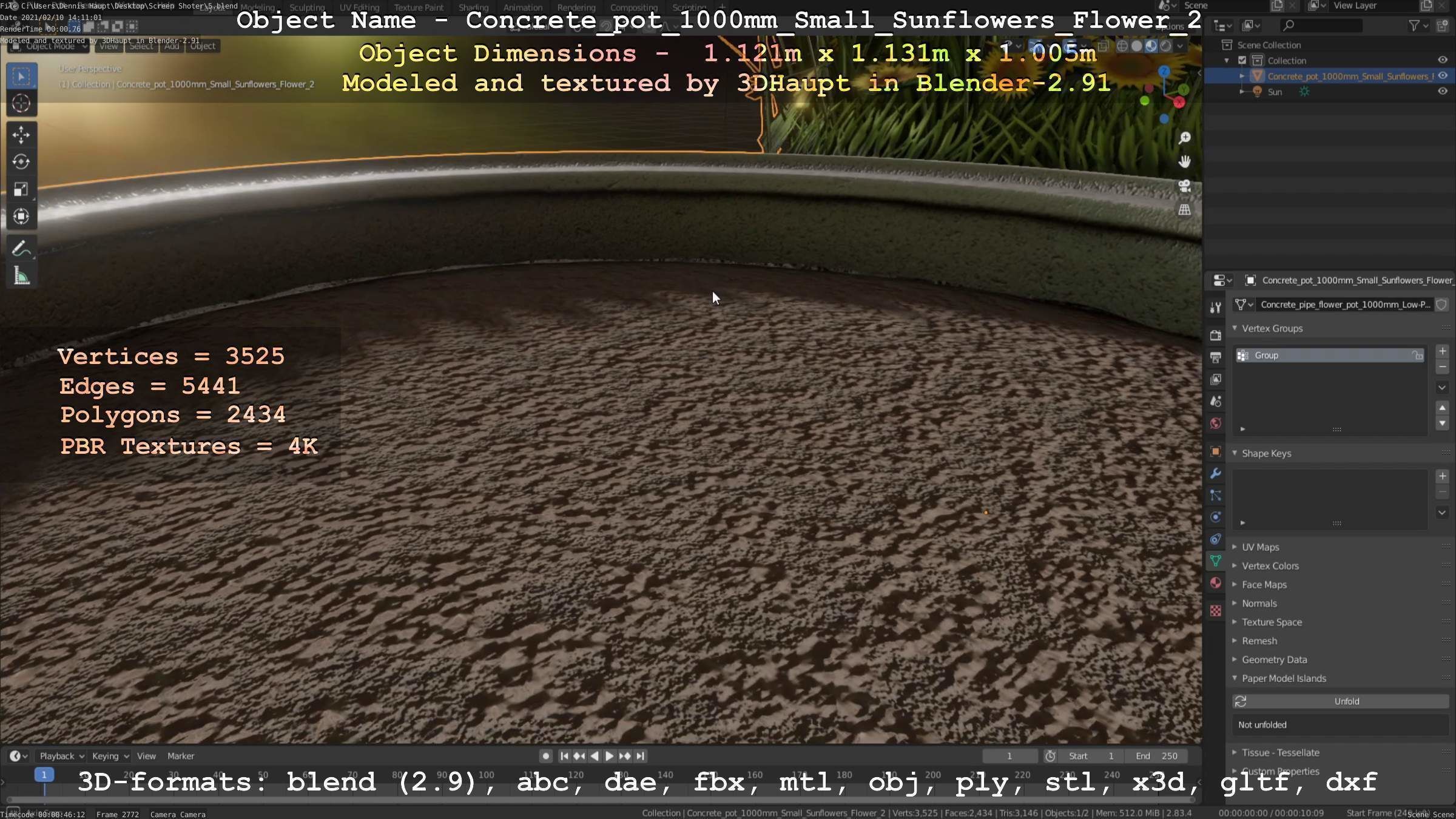 Concrete Pipe Pot 1000mm with Small Sunflowers Version 2 Low-poly 3D model_98