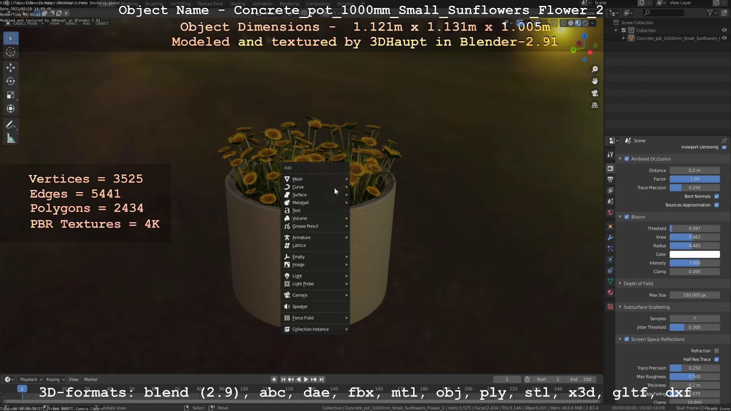 Concrete Pipe Pot 1000mm with Small Sunflowers Version 2 Low-poly 3D model_47