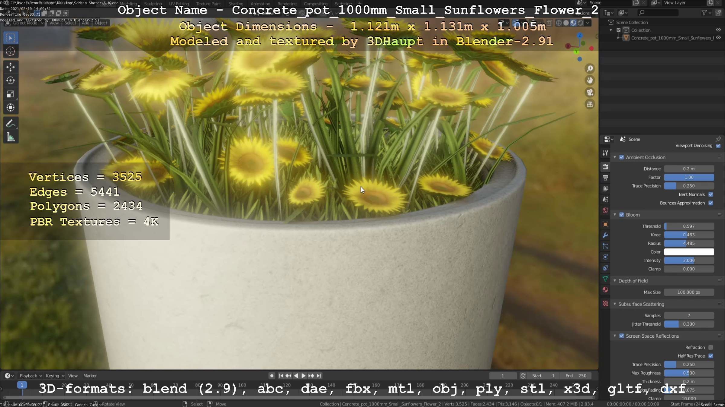 Concrete Pipe Pot 1000mm with Small Sunflowers Version 2 Low-poly 3D model_39