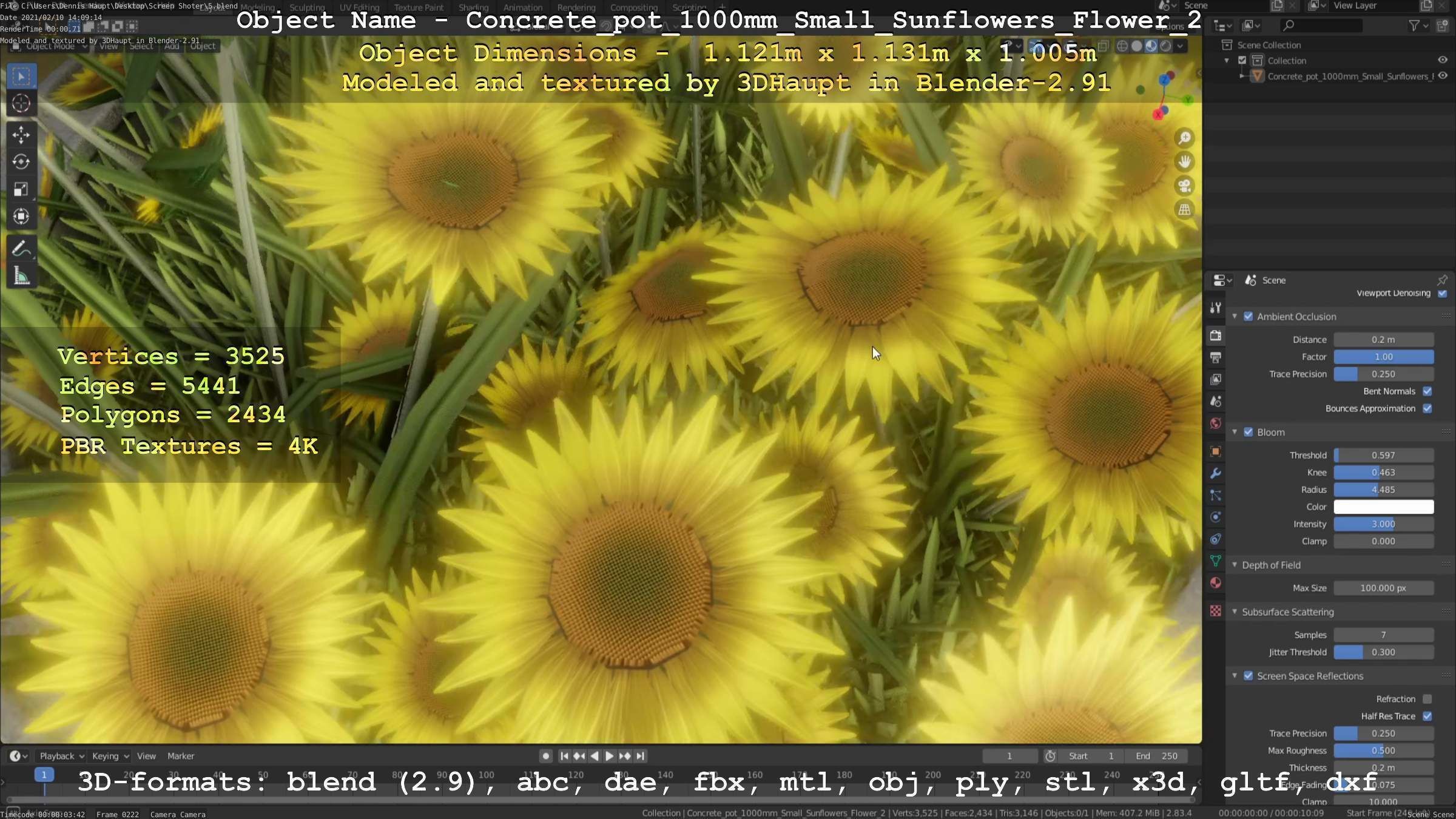 Concrete Pipe Pot 1000mm with Small Sunflowers Version 2 Low-poly 3D model_60